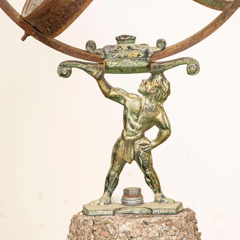 Vintage Verdigris Sun Clock Armillary Sun Dial on Pedestal with Atlas Holding Th In Good Condition In Round Top, TX