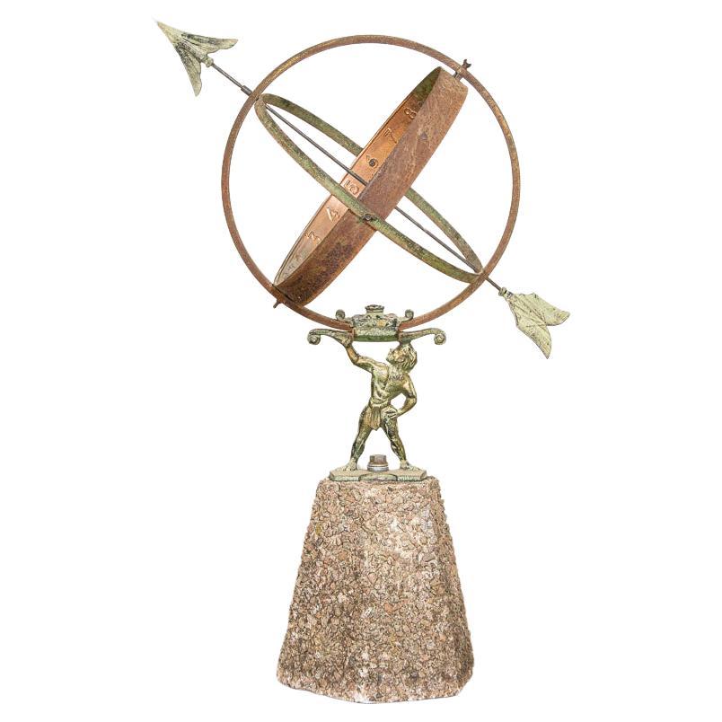 Vintage Verdigris Sun Clock Armillary Sun Dial on Pedestal with Atlas Holding Th