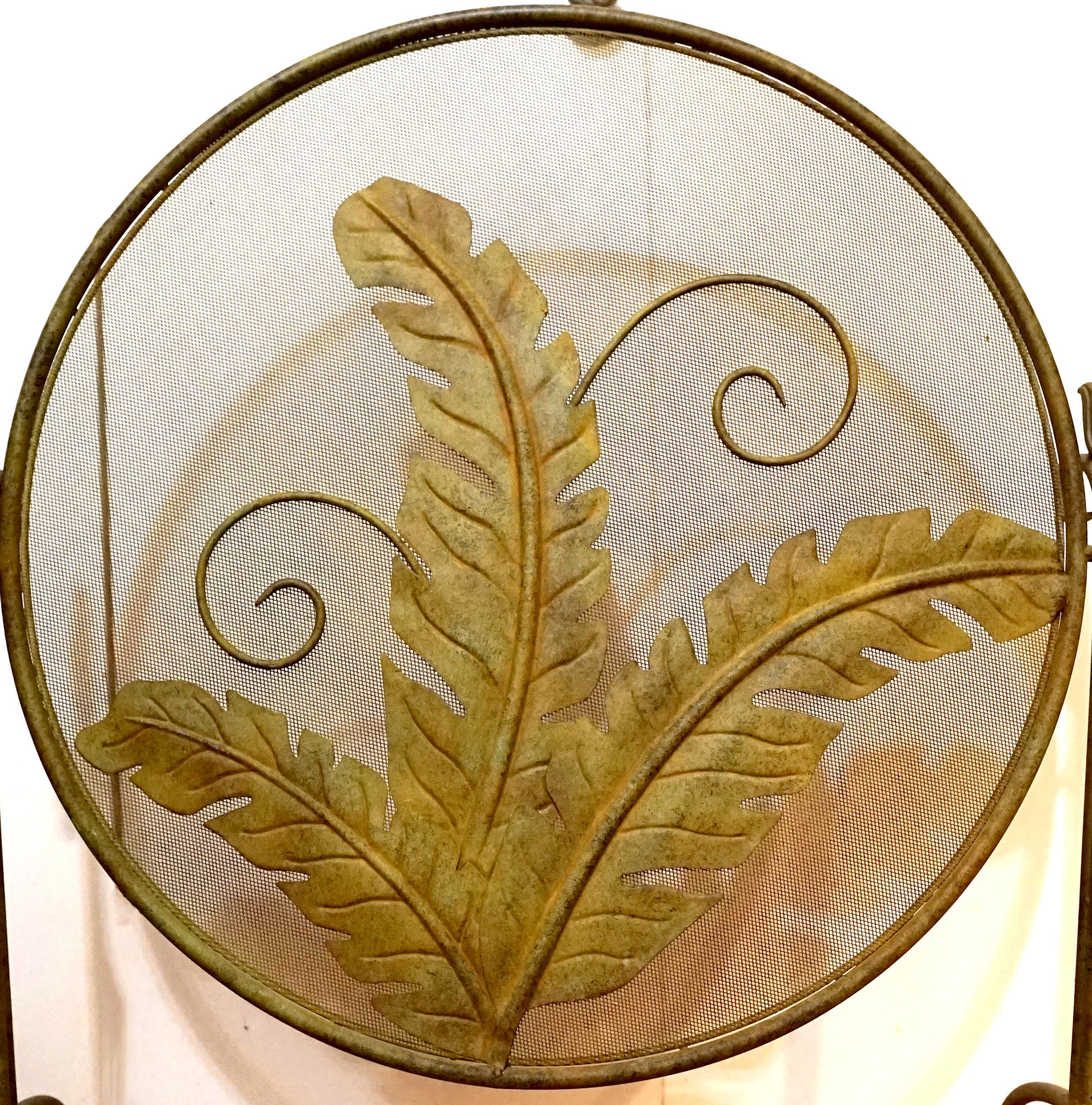 Metalwork Vintage Verdigris Wrought Iron Leaf Motif Round Fireplace Screen