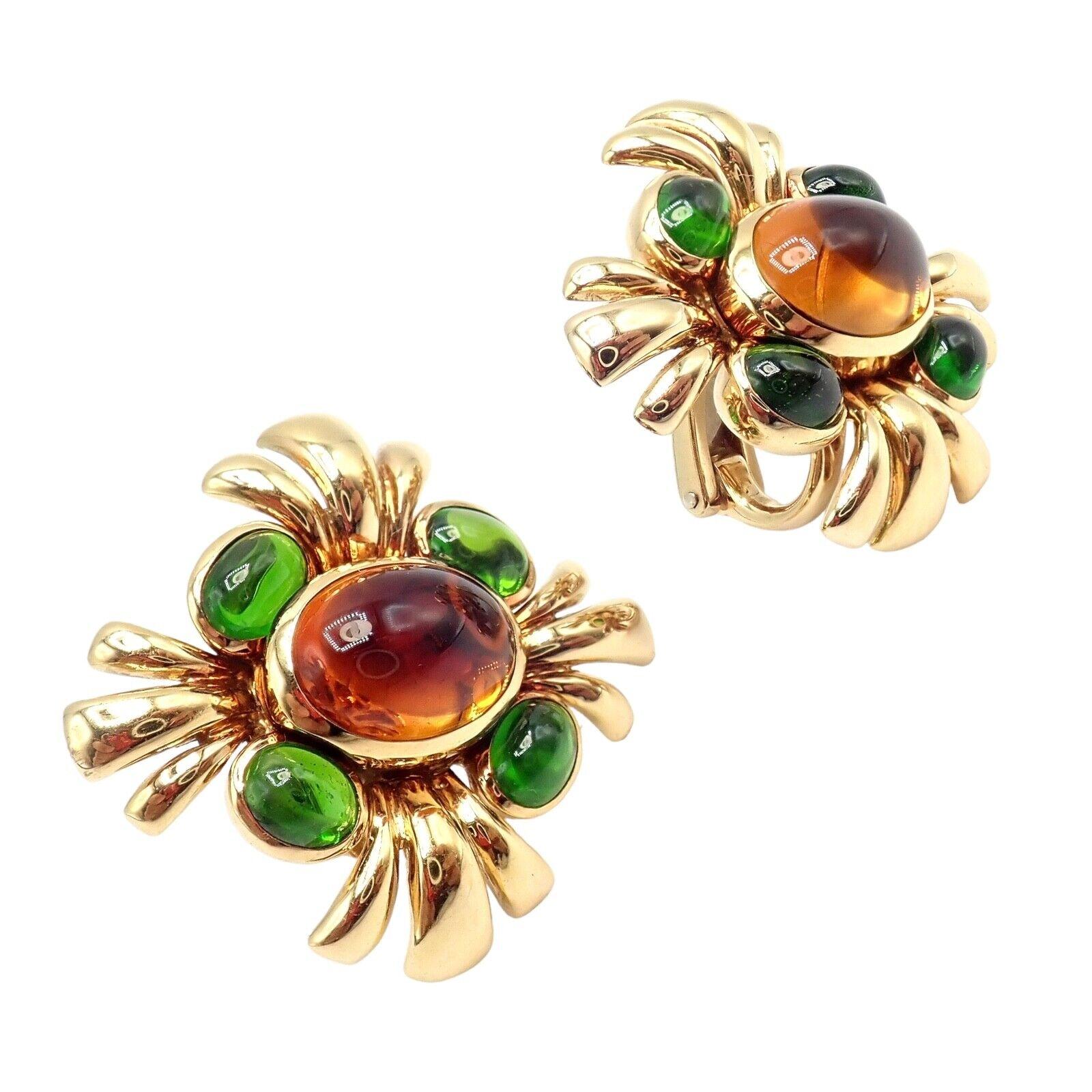 18k Yellow Gold citrine and green tourmaline vintage earrings by Verdura. 
With 18 cabochon green Tourmalines 4mmx6mm
2 cabochon Citrines 8.5mm x 11mm
These earrings are made for non-pierced ears. New padding added for comfort and security.
The
