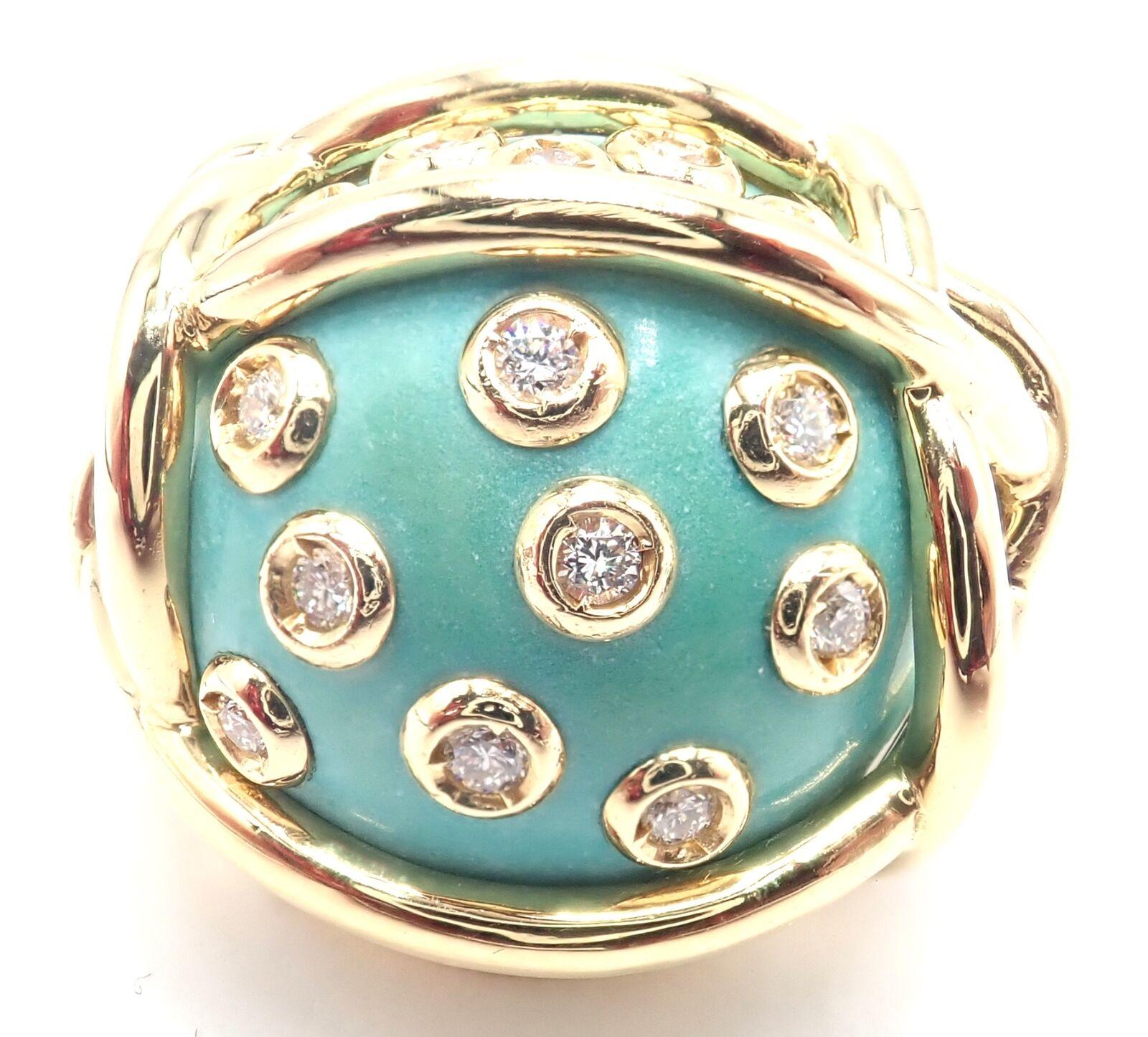 18k Yellow Gold Diamond and Large Turquoise stone vintage Polka Dot ring by Verdura.
With t27 round brilliant cut diamonds VS1 clarity, G color total weight approximately .44ct
1 natural large turquoise stone 18mm
Details: 
Ring Size: 6
Weight: 22.2
