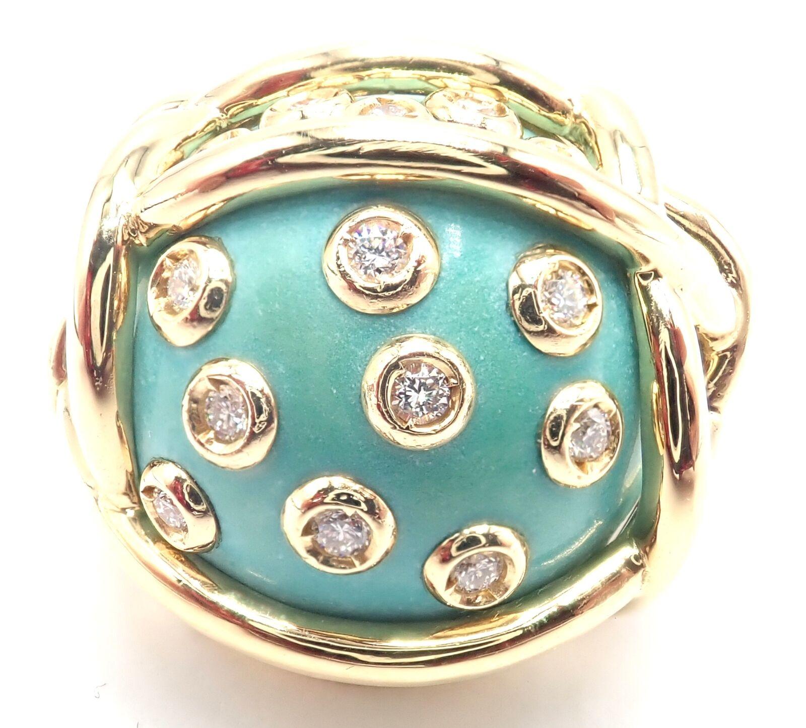 18k Gelbgold Diamant und große Türkis Stein Vintage Polka Dot Ring von Verdura.
Mit t27 runden Diamanten im Brillantschliff VS1 Reinheit, G Farbe Gesamtgewicht ca. .44ct
1 natürlicher großer Türkisstein 18mm
Einzelheiten: 
Ringgröße: 6
Gewicht: 22.2