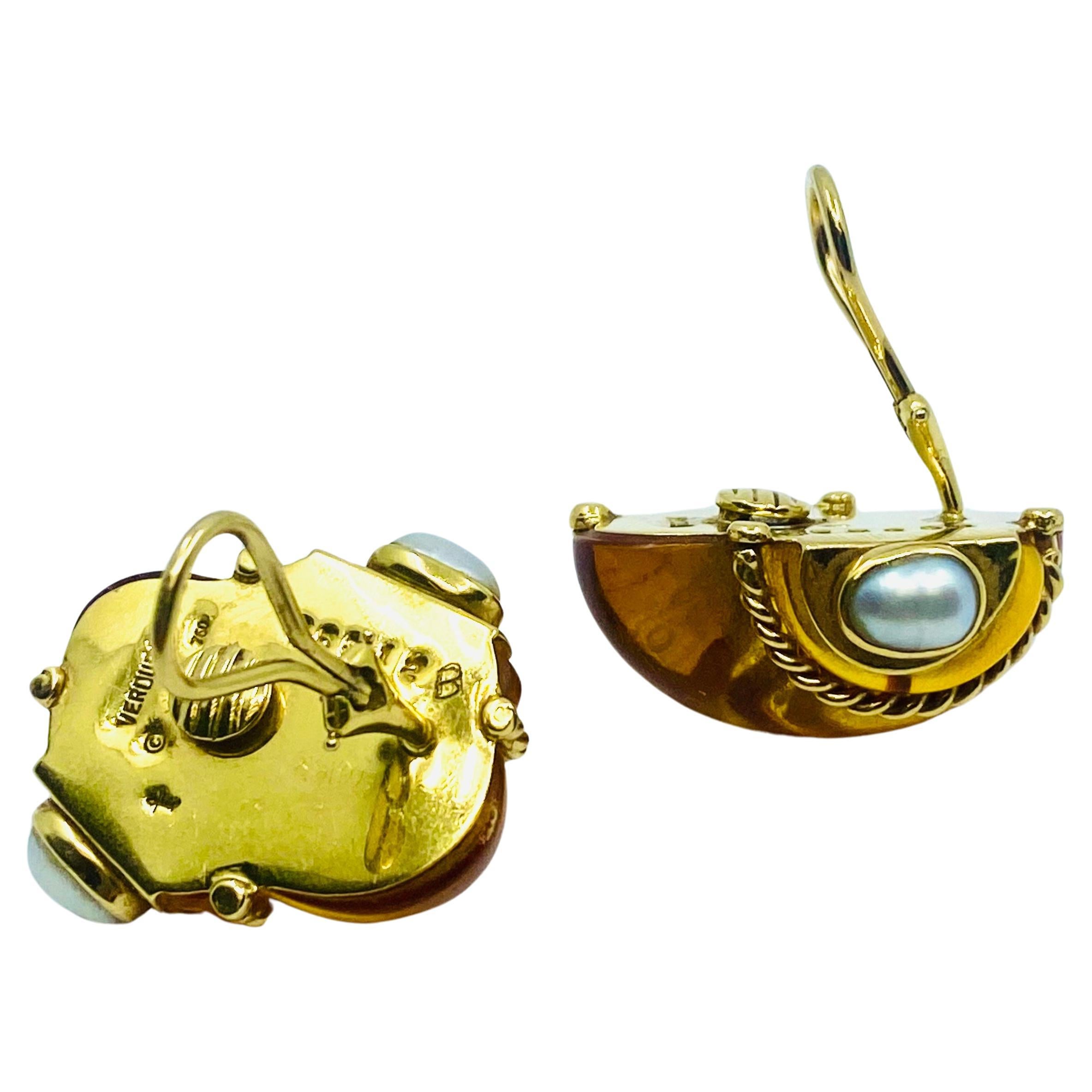Women's Vintage Verdura Snail Amber Earrings Pearl 18k Gold  For Sale
