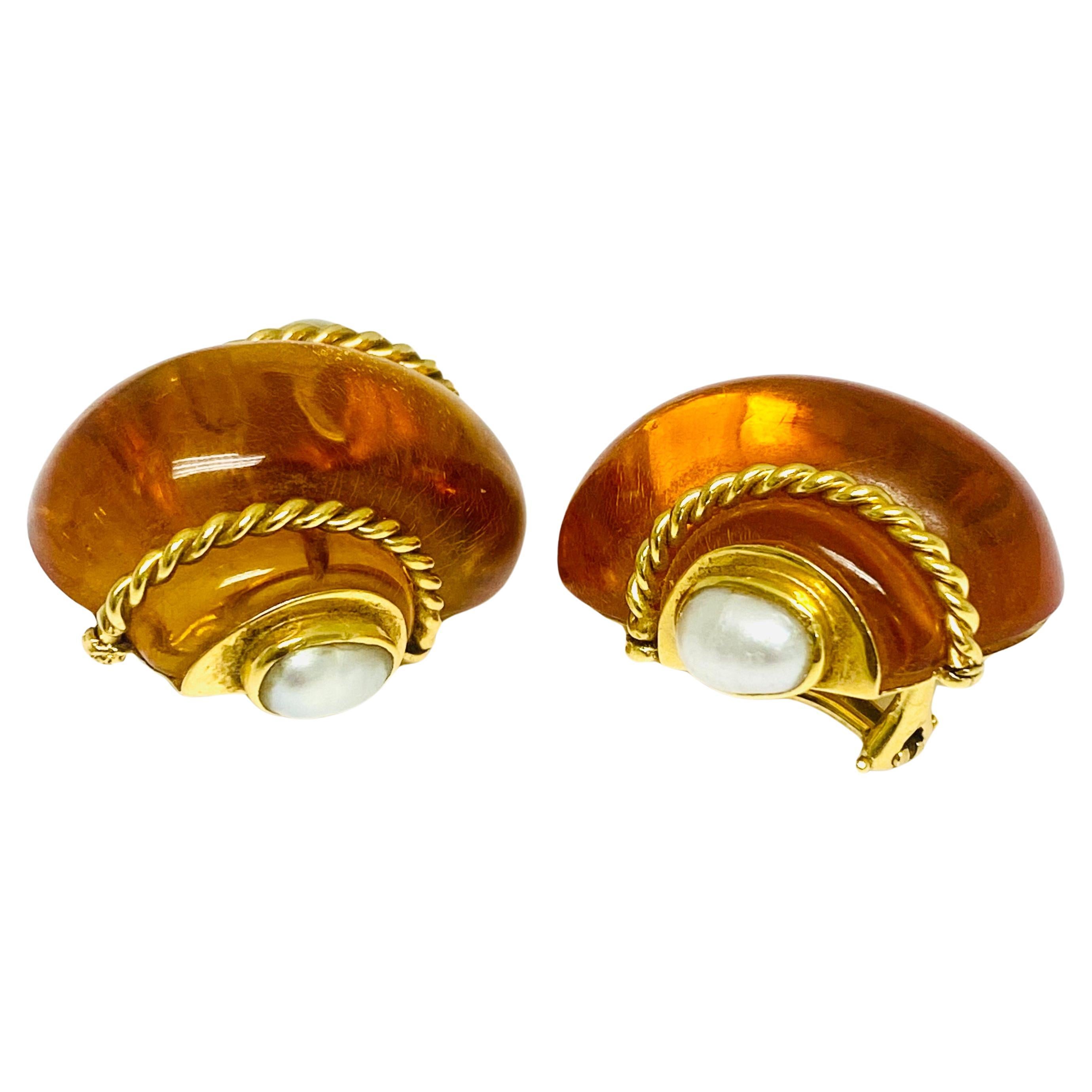 Vintage Verdura Snail Amber Earrings Pearl 18k Gold  For Sale 2