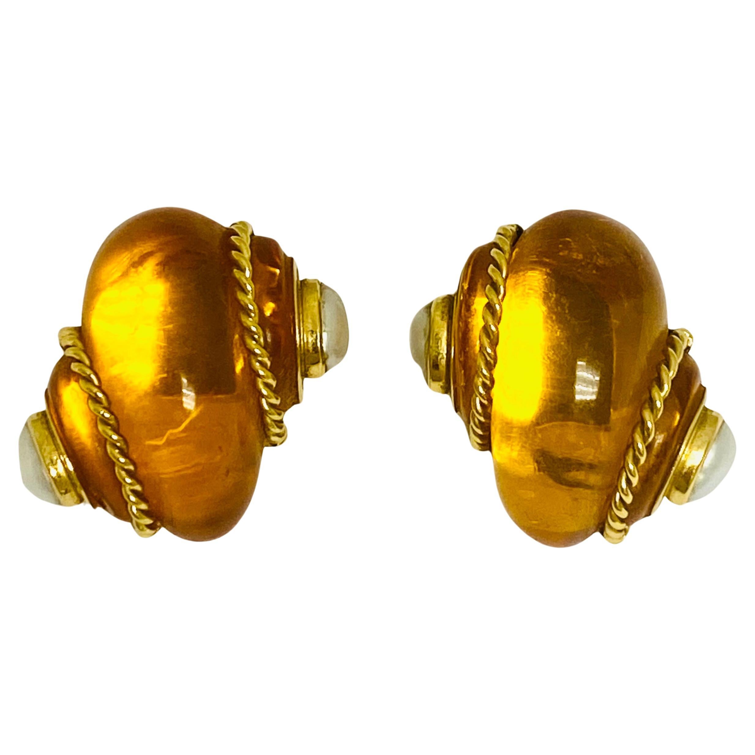 Vintage Verdura Snail Amber Earrings Pearl 18k Gold  For Sale