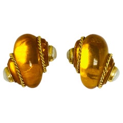 Boucles d'oreilles ambre escargot Vintage Verdura Perle Or 18k 