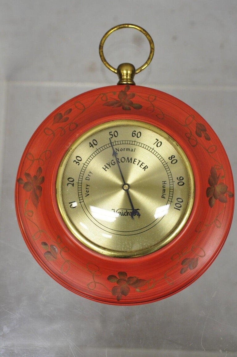 Vintage Verichron Red Tole Metal Barometer Hygrometer Thermometer - 3 pc Set. Item features a set of 3, (1) barometer, (1) hygrometer, (1) thermometer, tole metal cases. Circa Mid 20th Century. Measurements: 9
