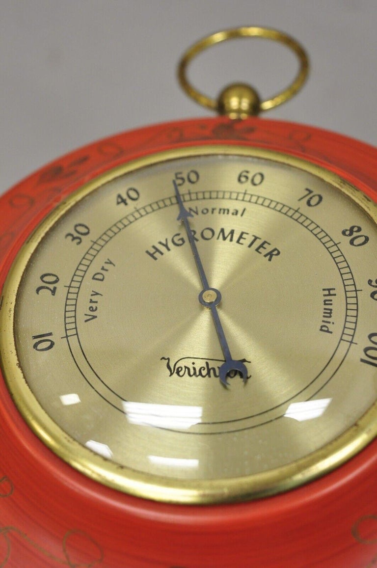 French Provincial Vintage Verichron Red Tole Metal Barometer Hygrometer Thermometer, 3 Pc Set For Sale