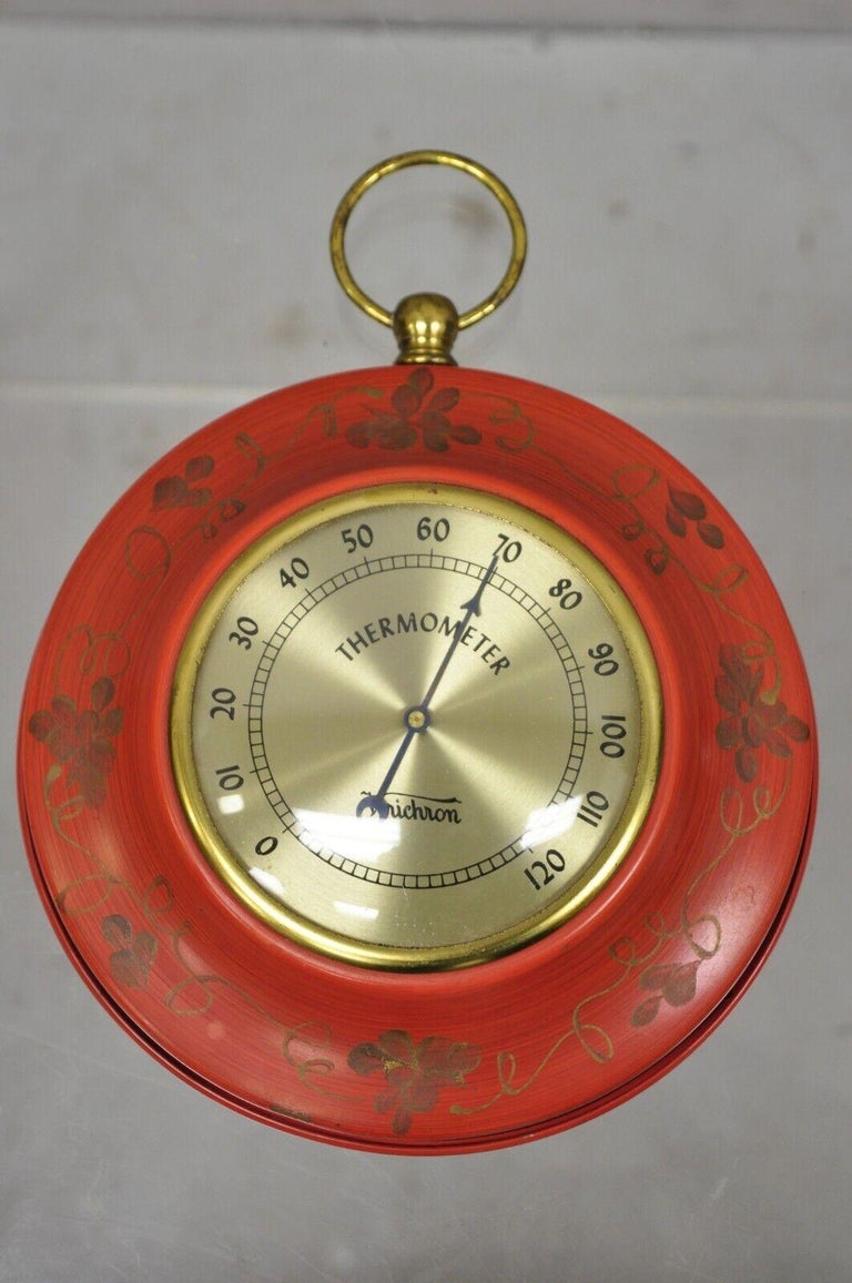Vintage Verichron Red Tole Metal Barometer Hygrometer Thermometer, 3 Pc Set In Good Condition For Sale In Philadelphia, PA