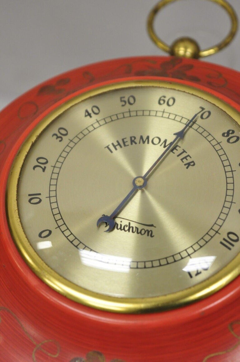 20th Century Vintage Verichron Red Tole Metal Barometer Hygrometer Thermometer, 3 Pc Set For Sale