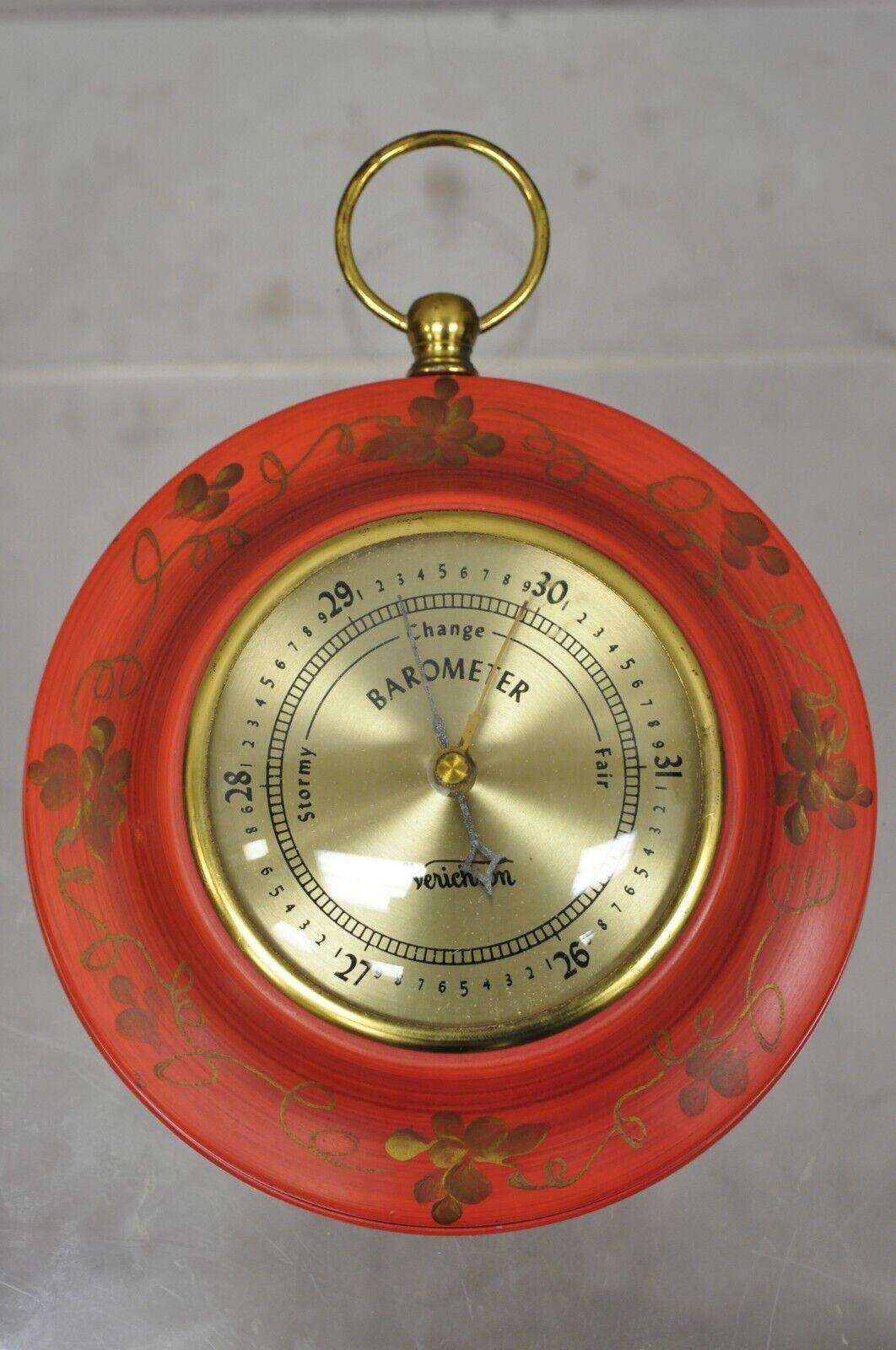French Provincial Vintage Verichron Red Tole Metal Barometer Hygrometer Thermometer, 3 Pc Set