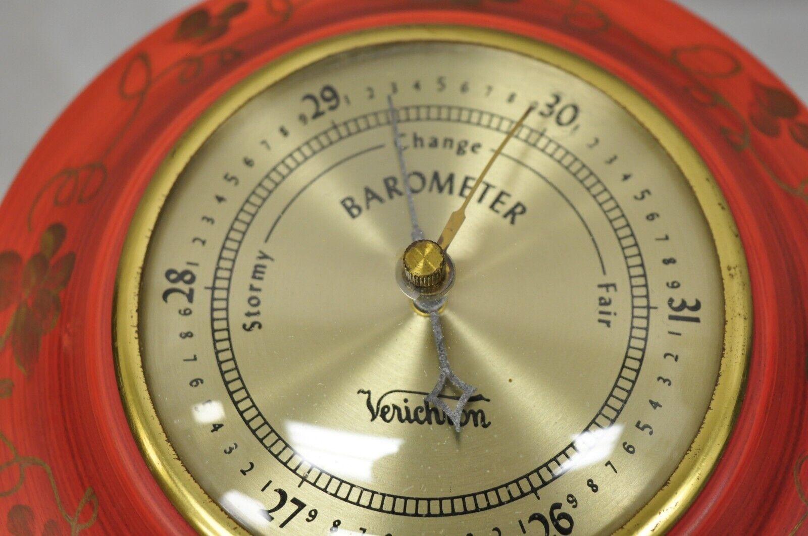 Vintage Verichron Red Tole Metal Barometer Hygrometer Thermometer, 3 Pc Set In Good Condition In Philadelphia, PA