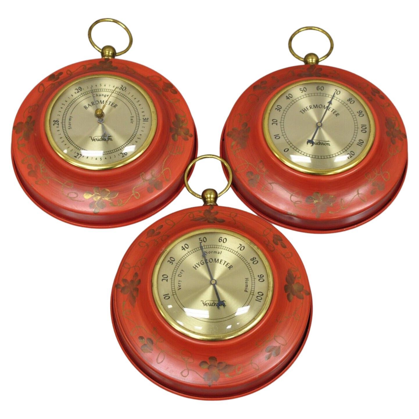 Vintage Verichron Red Tole Metal Barometer Hygrometer Thermometer, 3 Pc Set