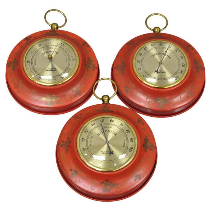 Vintage Verichron Red Tole Metal Barometer Hygrometer Thermometer, 3 Pc ...