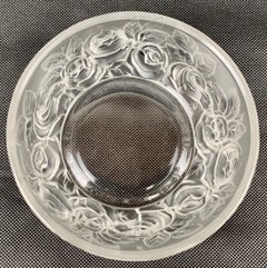 Round Vintage Frosted Satin Art Glass Bowl by Verlys, "Roses" pattern