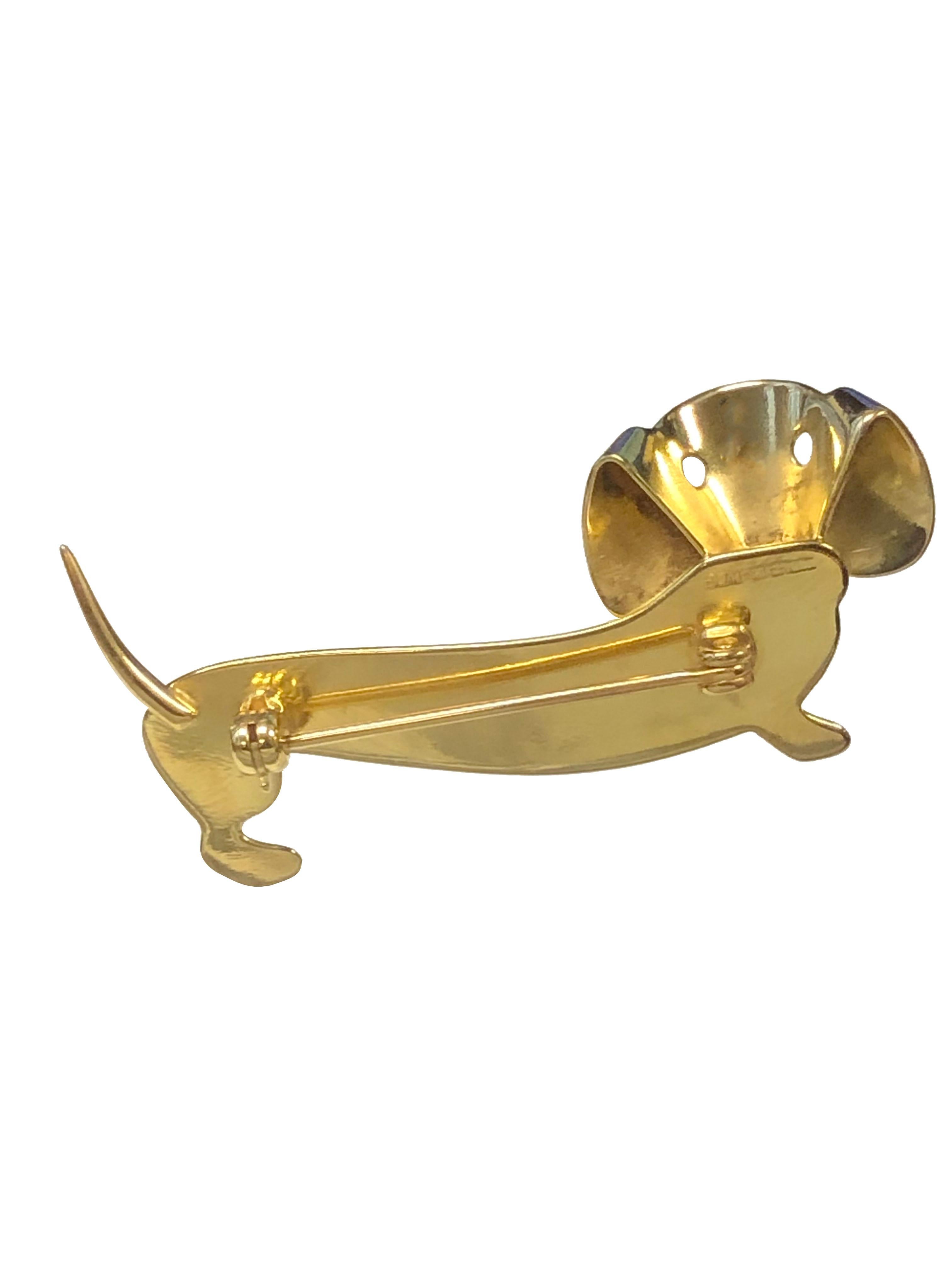 Circa 1960s Beau Vermeil, Gold Wash on Sterling Sterling Silver Dachshund Dog Brooch, measuring 1 3/4 inch in length x 3/4 inch.
