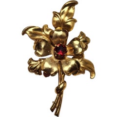 Vintage Vermeil Floral Brooch with Ruby-Red Crystal – 1940s