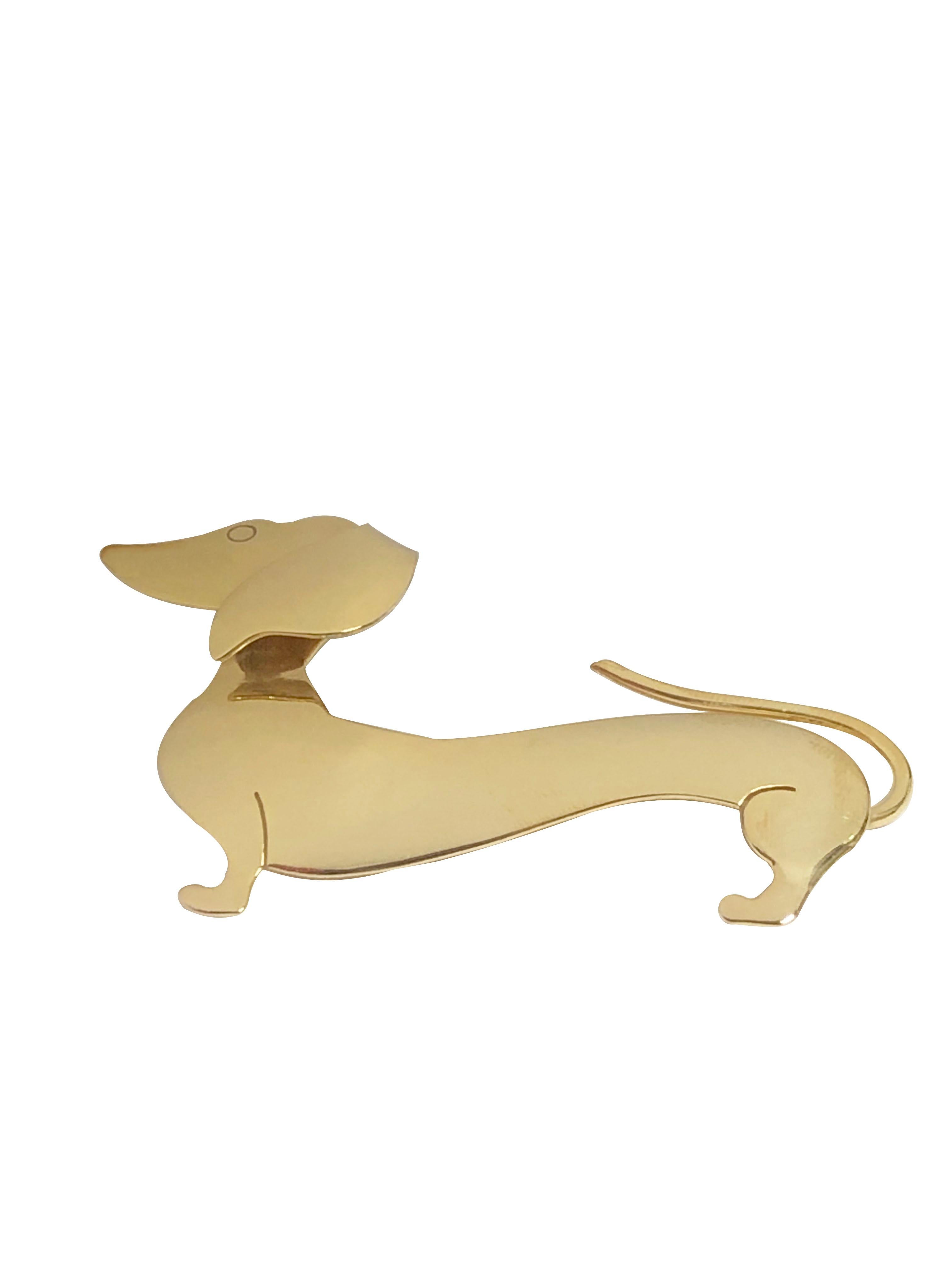 Circa 1960s Dachshund Dog Brooch by Orb, Gold was on Sterling Silver, measuring 2 5/8 inches in length and 1 1/2 inches high. Excellent condition. 