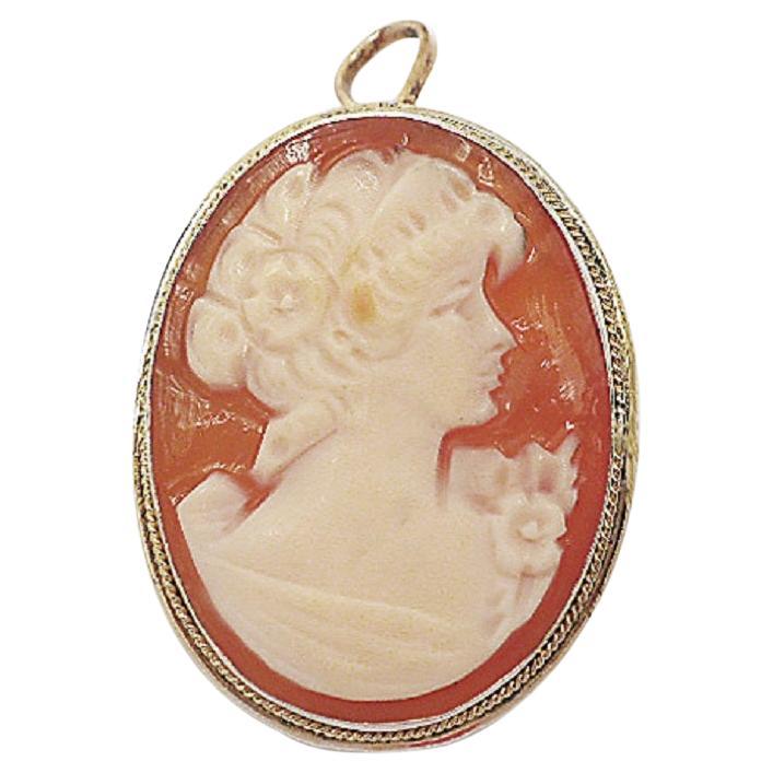 Vintage Vermeil Shell Woman's Cameo Brooch or Pendant For Sale