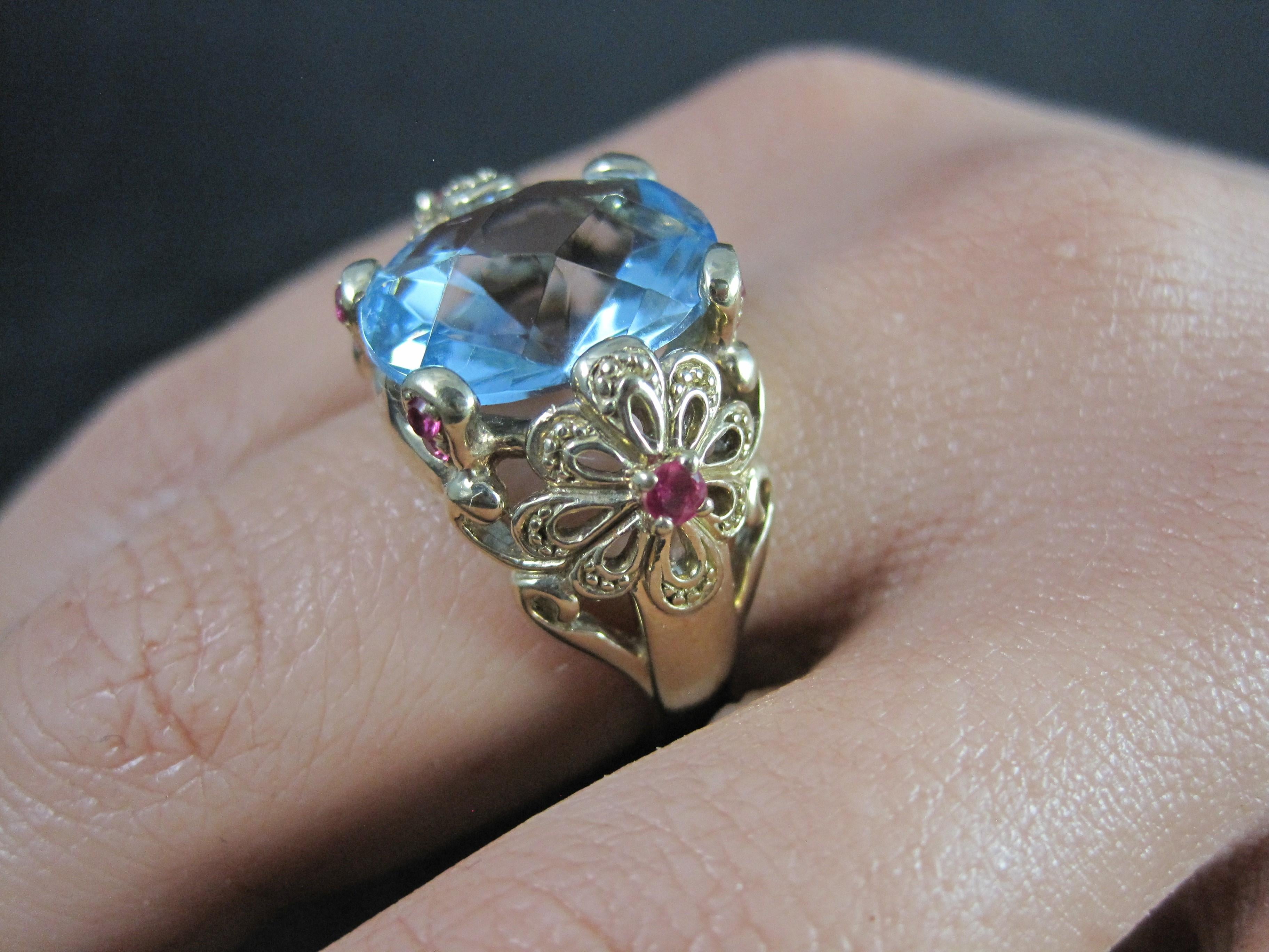 Vintage Vermeil Sterling Topaz Ruby Flower Ring Size 8 For Sale 4