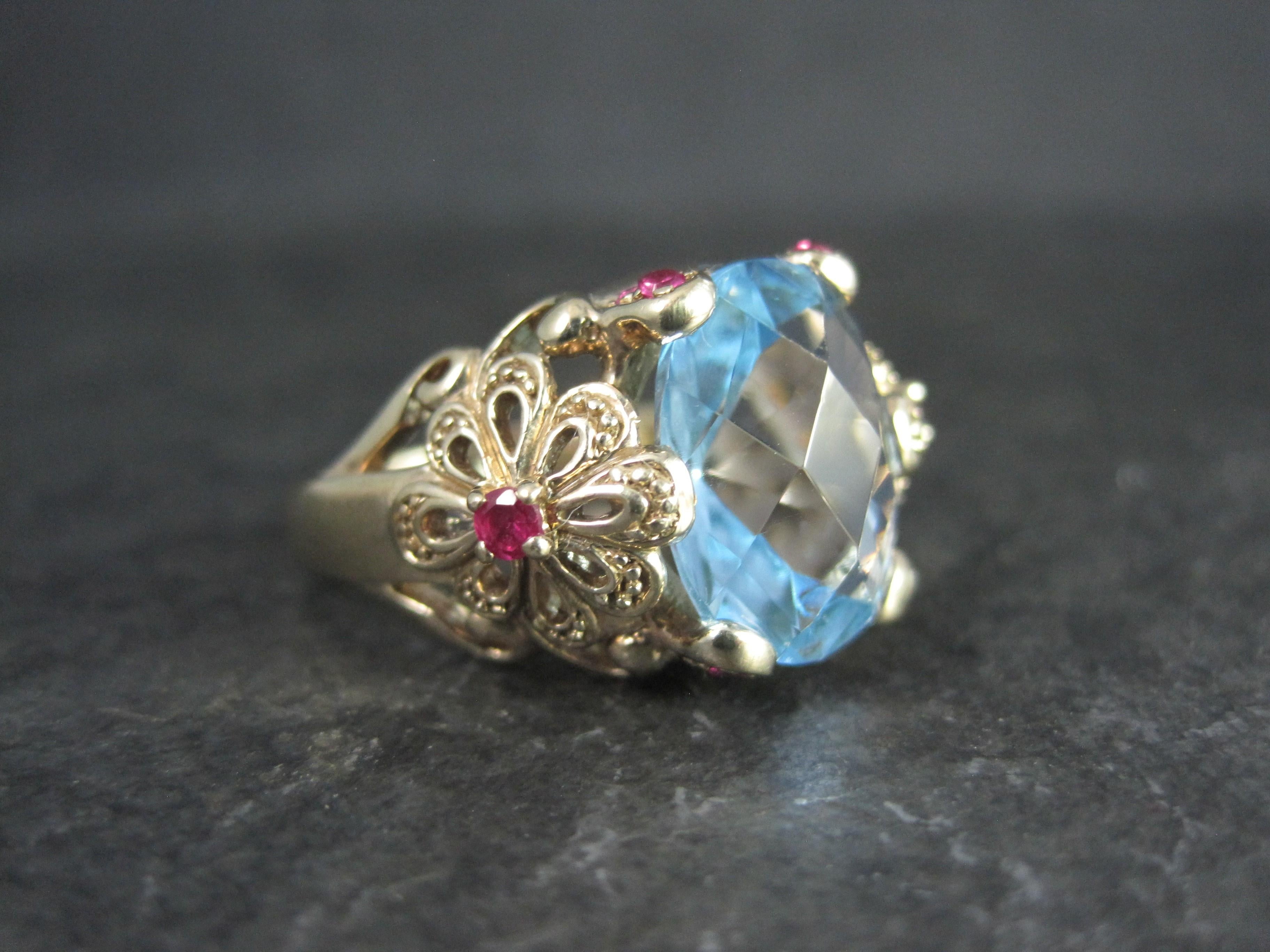 Contemporary Vintage Vermeil Sterling Topaz Ruby Flower Ring Size 8 For Sale