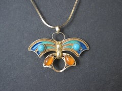 Vintage Vermeil Turquoise Tourmaline Enamel Butterfly Brooch Pendant Necklace