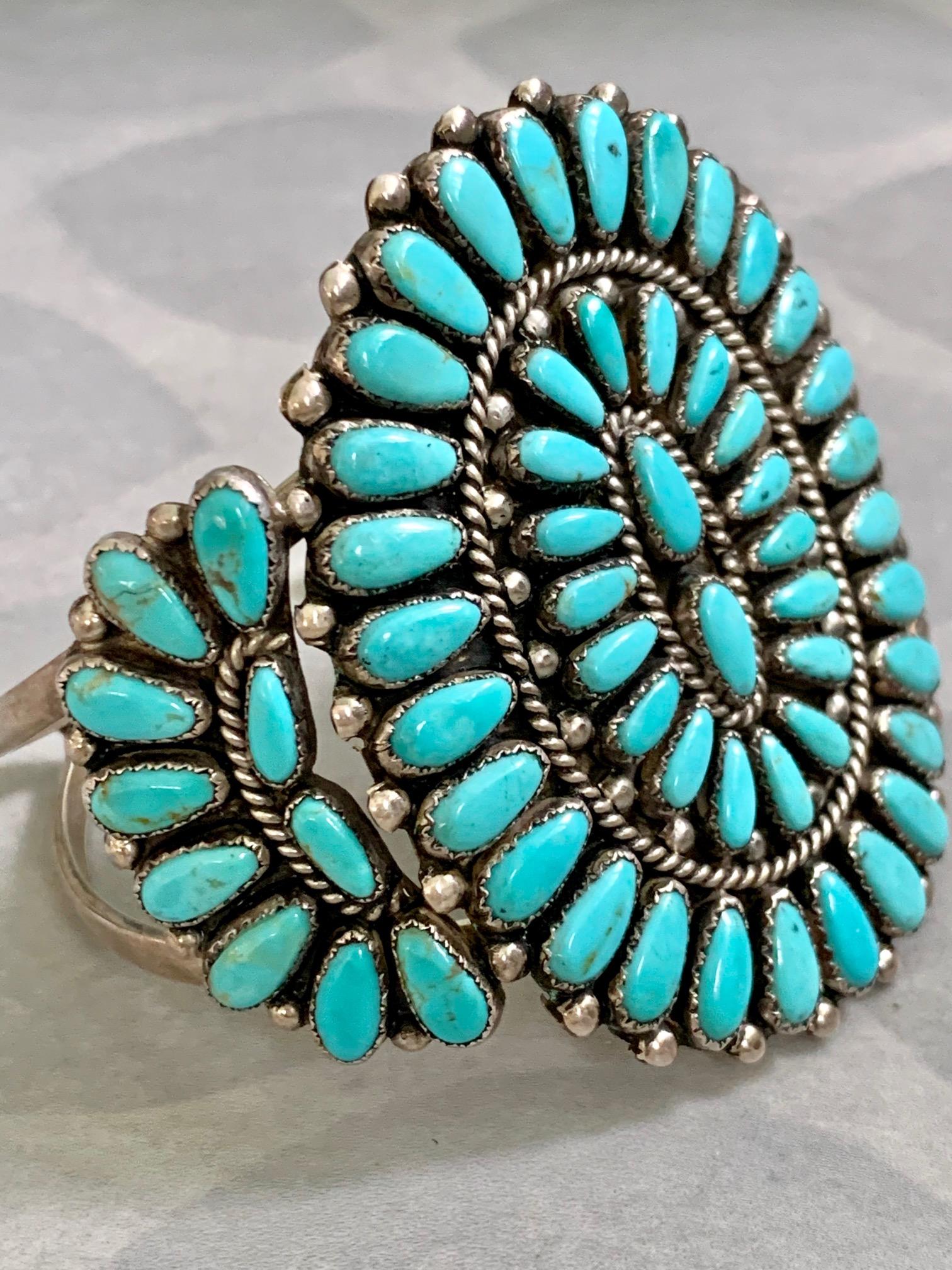 Cabochon Vintage Vernon C. Haskie Signed Navajo Native American Turquoise Silver Cuff