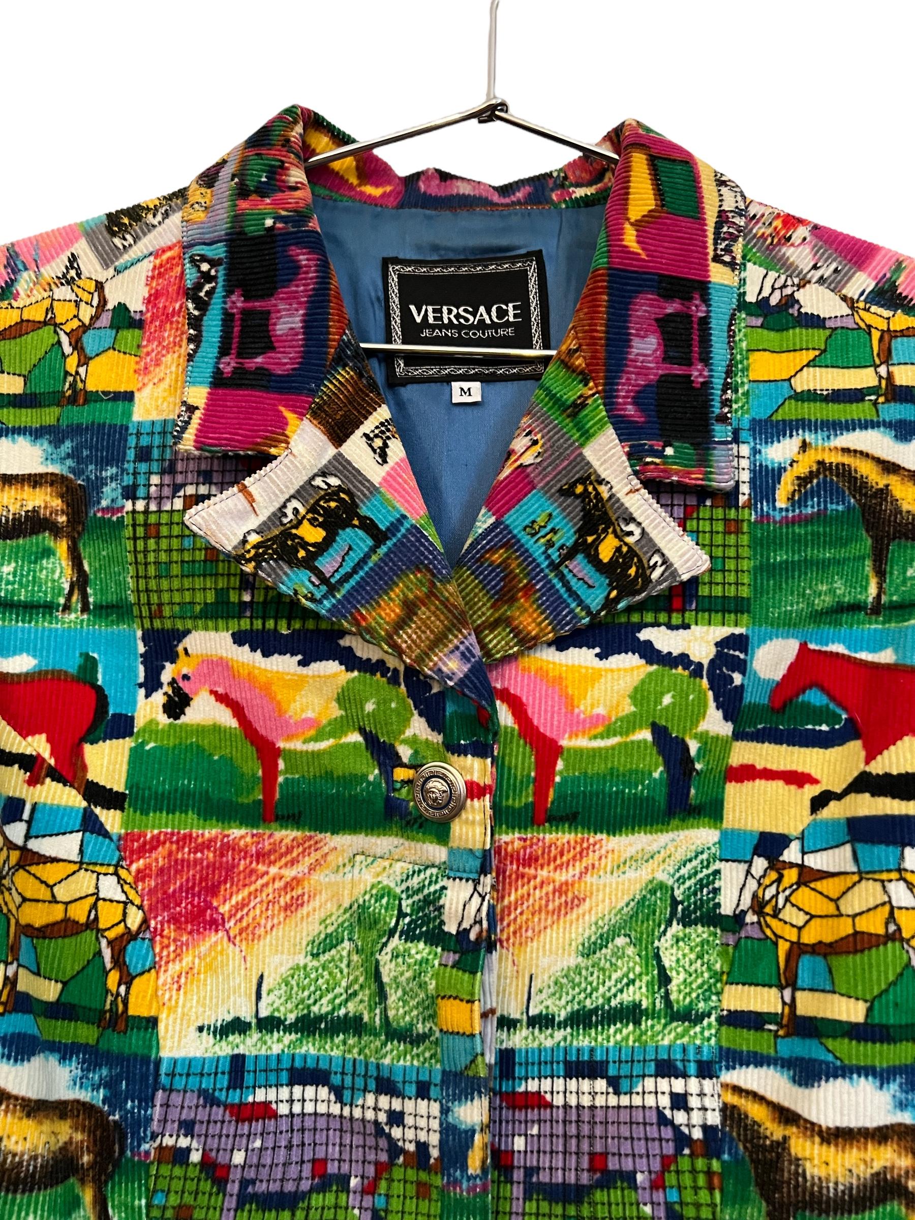 Vintage Versace 1990's Corduroy Pop art Colourful Cow Pattern Waist coat Top For Sale 1