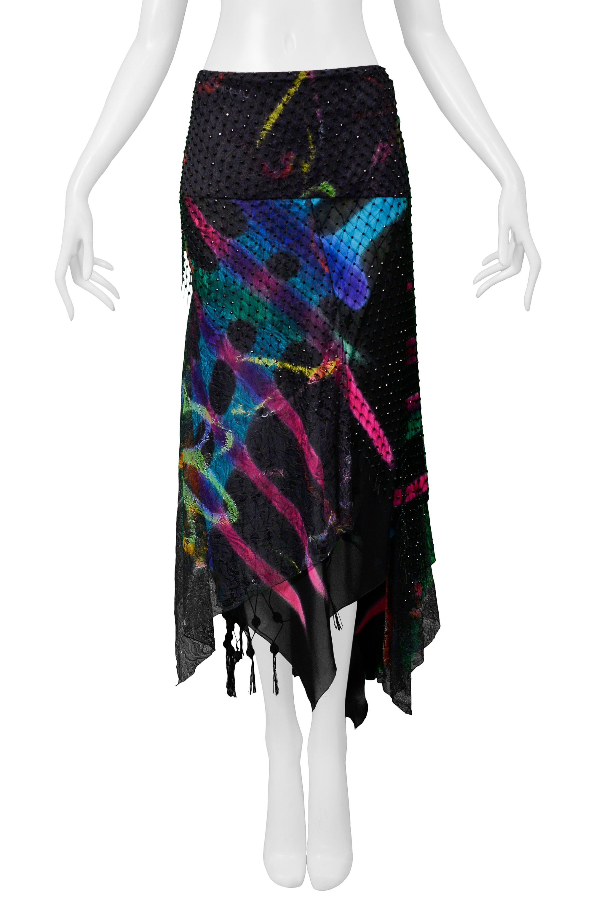 Vintage Versace 2002 Black Silk, Lace & Mesh Graffiti Evening Skirt  In Excellent Condition For Sale In Los Angeles, CA