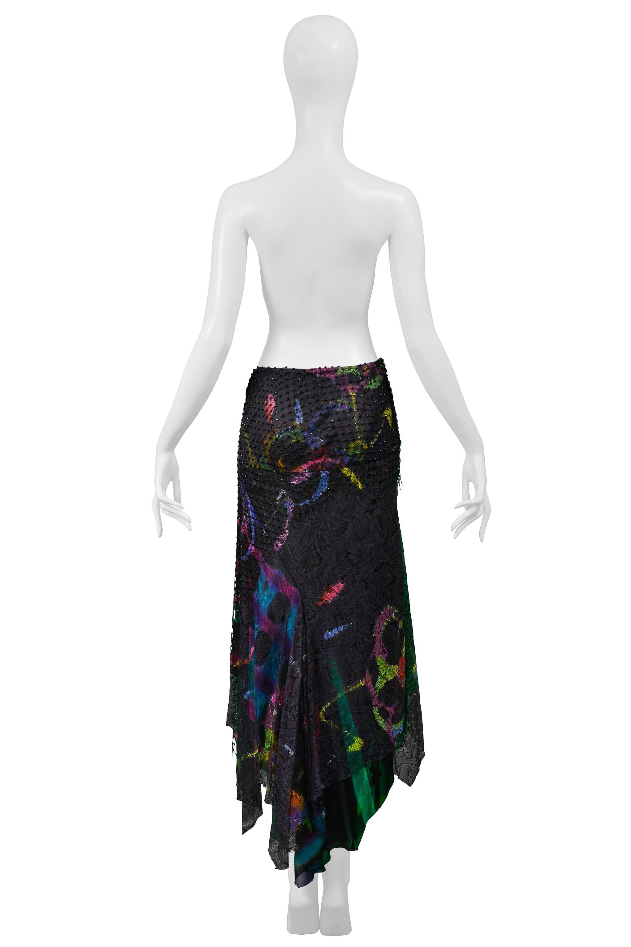 Women's Vintage Versace 2002 Black Silk, Lace & Mesh Graffiti Evening Skirt  For Sale