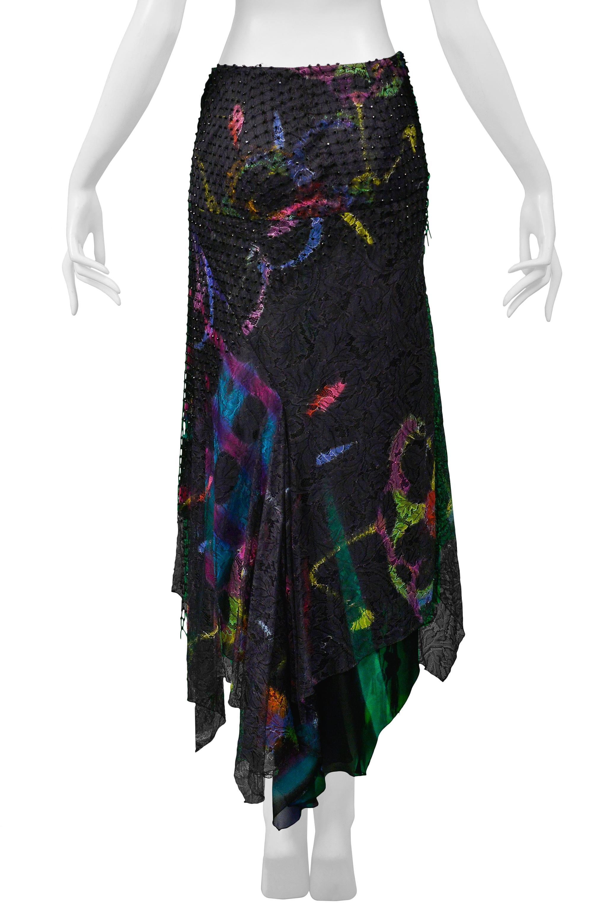 Vintage Versace 2002 Gonna da sera nera in seta, pizzo e rete Graffiti 3