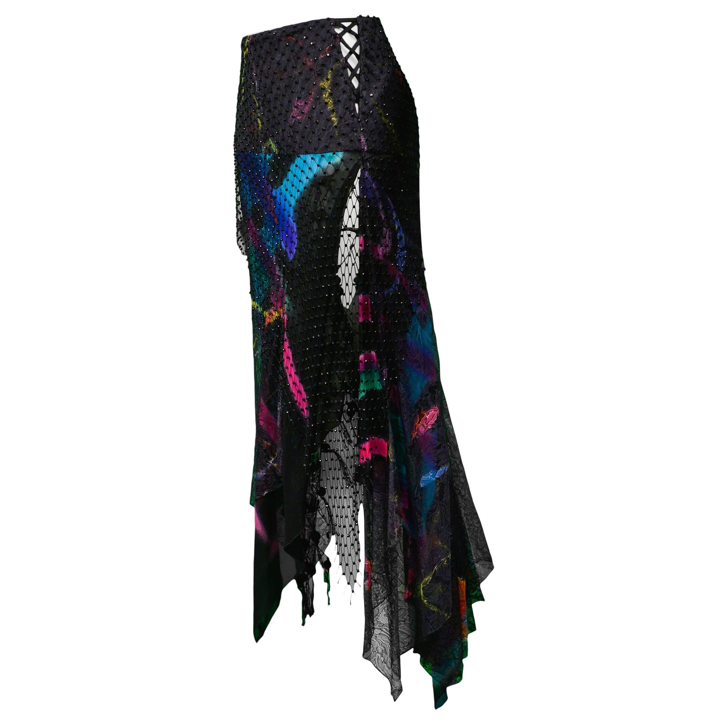 Vintage Versace 2002 Black Silk, Lace & Mesh Graffiti Evening Skirt 