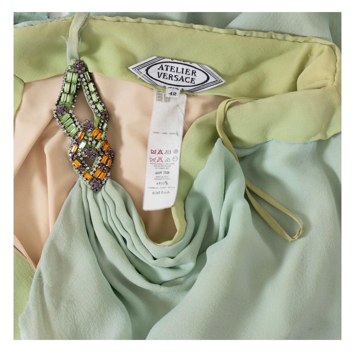 Vintage Versace Atelier One Shoulder Crystal and Silk Green Dress (1980s) For Sale 7