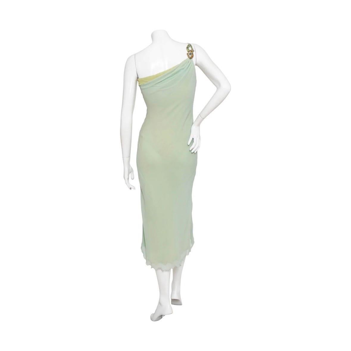 Women's Vintage Versace Atelier One Shoulder Crystal and Silk Green Dress (1980s) For Sale
