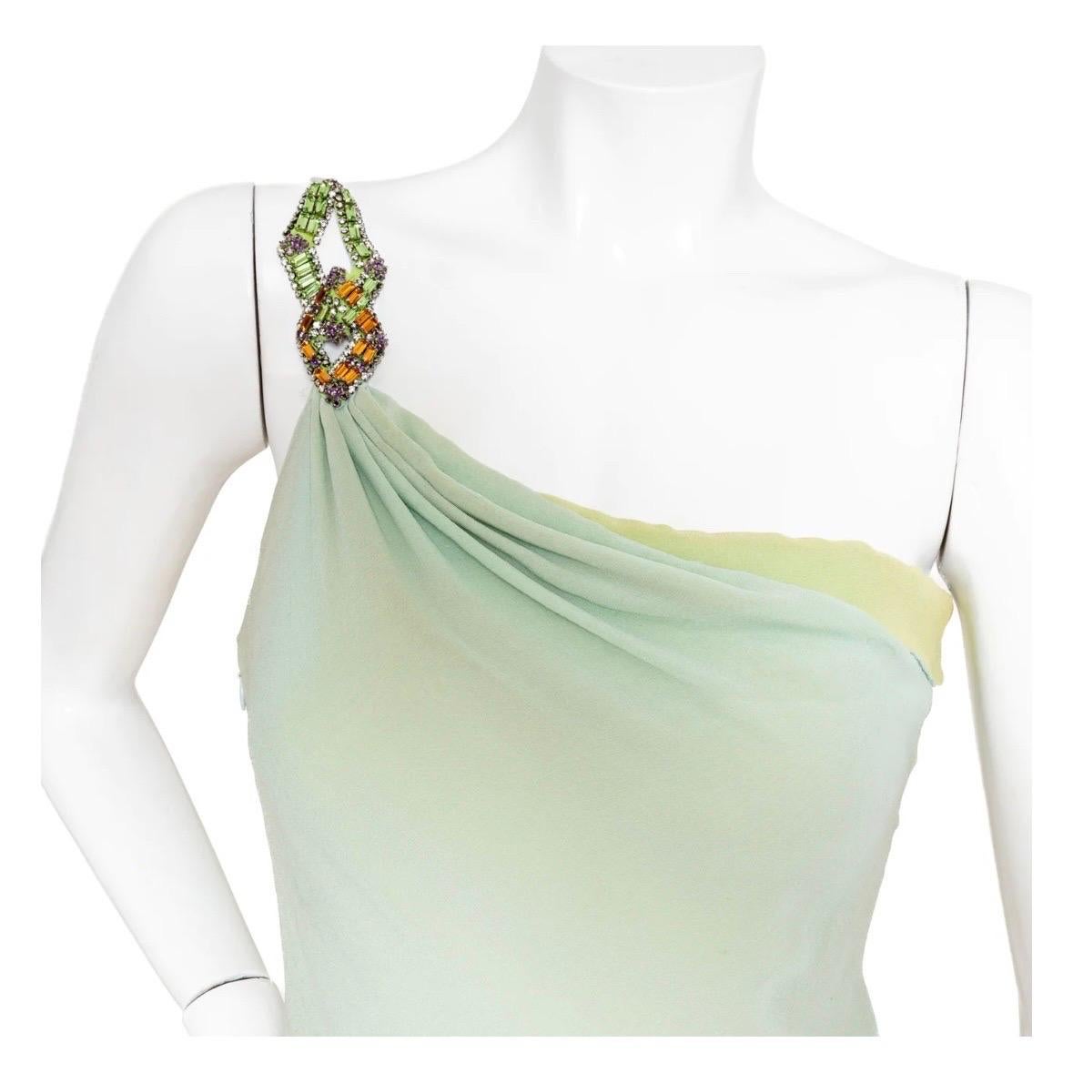 Vintage Versace Atelier One Shoulder Crystal and Silk Green Dress (1980s) For Sale 1