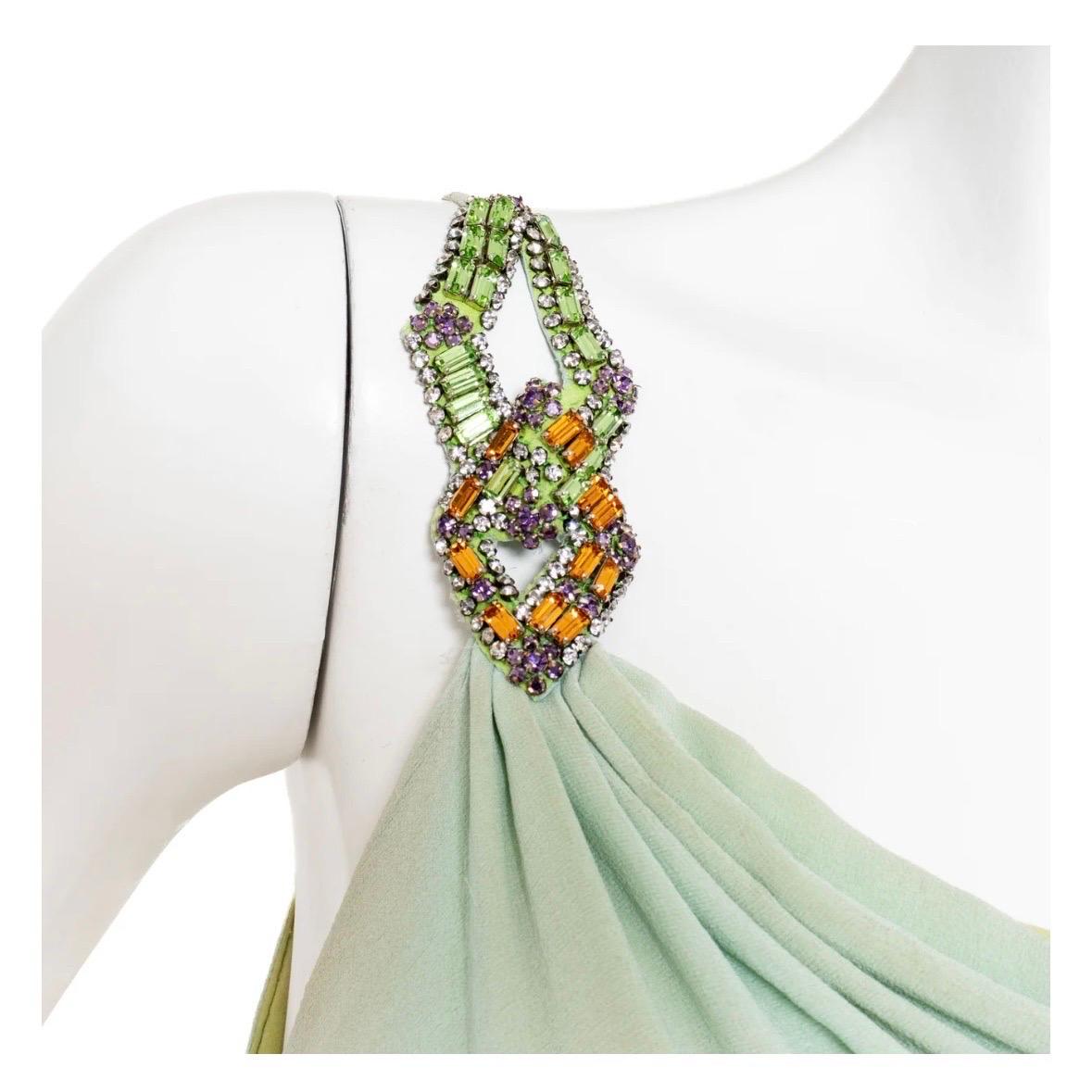 Vintage Versace Atelier One Shoulder Crystal and Silk Green Dress (1980s) For Sale 2