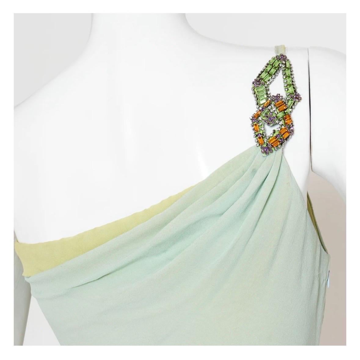 Vintage Versace Atelier One Shoulder Crystal and Silk Green Dress (1980s) For Sale 3