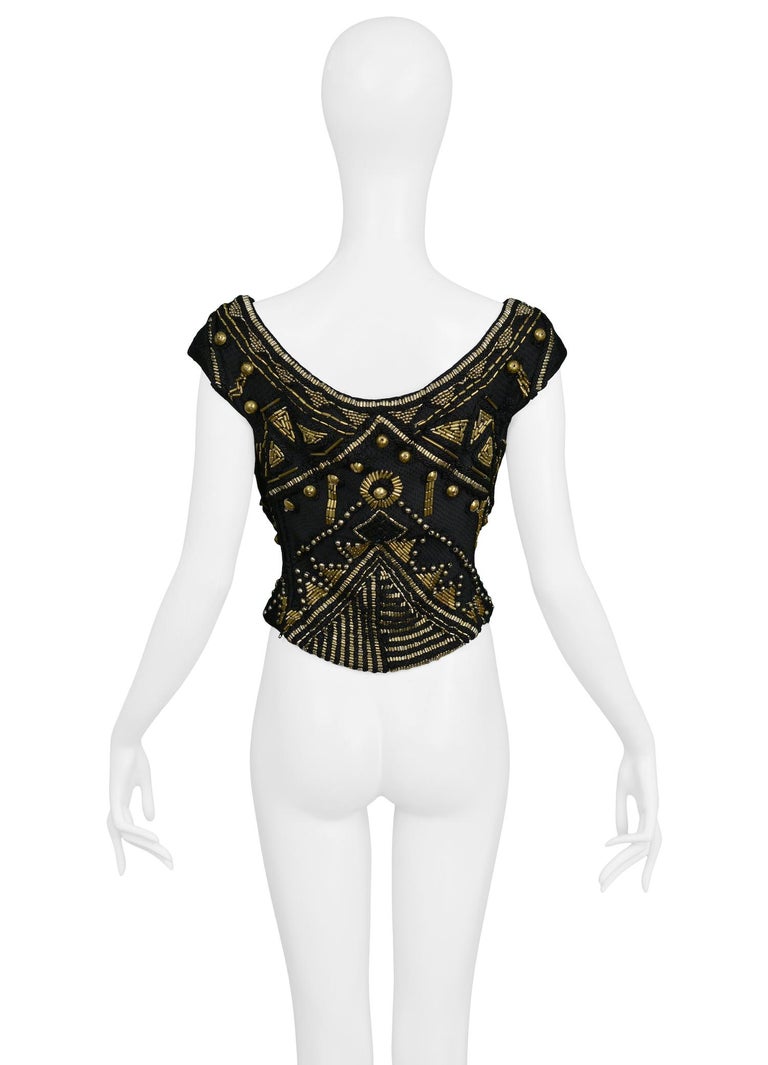 Vintage Versace Black & Brass Beaded Top 1990 In Excellent Condition For Sale In Los Angeles, CA