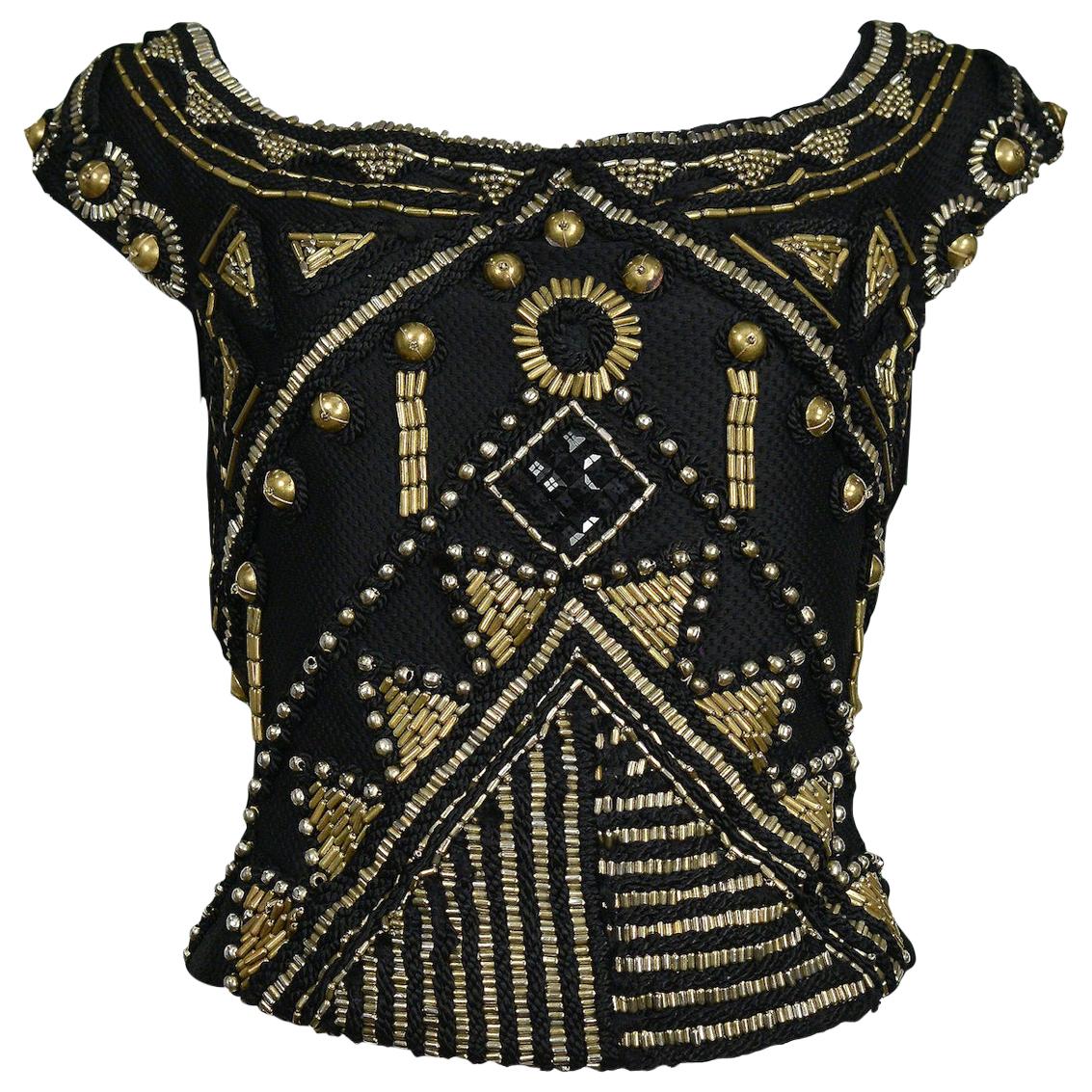 Vintage Versace Black & Brass Beaded Top 1990 For Sale