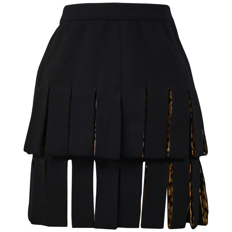 Vintage Versace Black Carwash Skirt with Leopard Lining For Sale at 1stDibs
