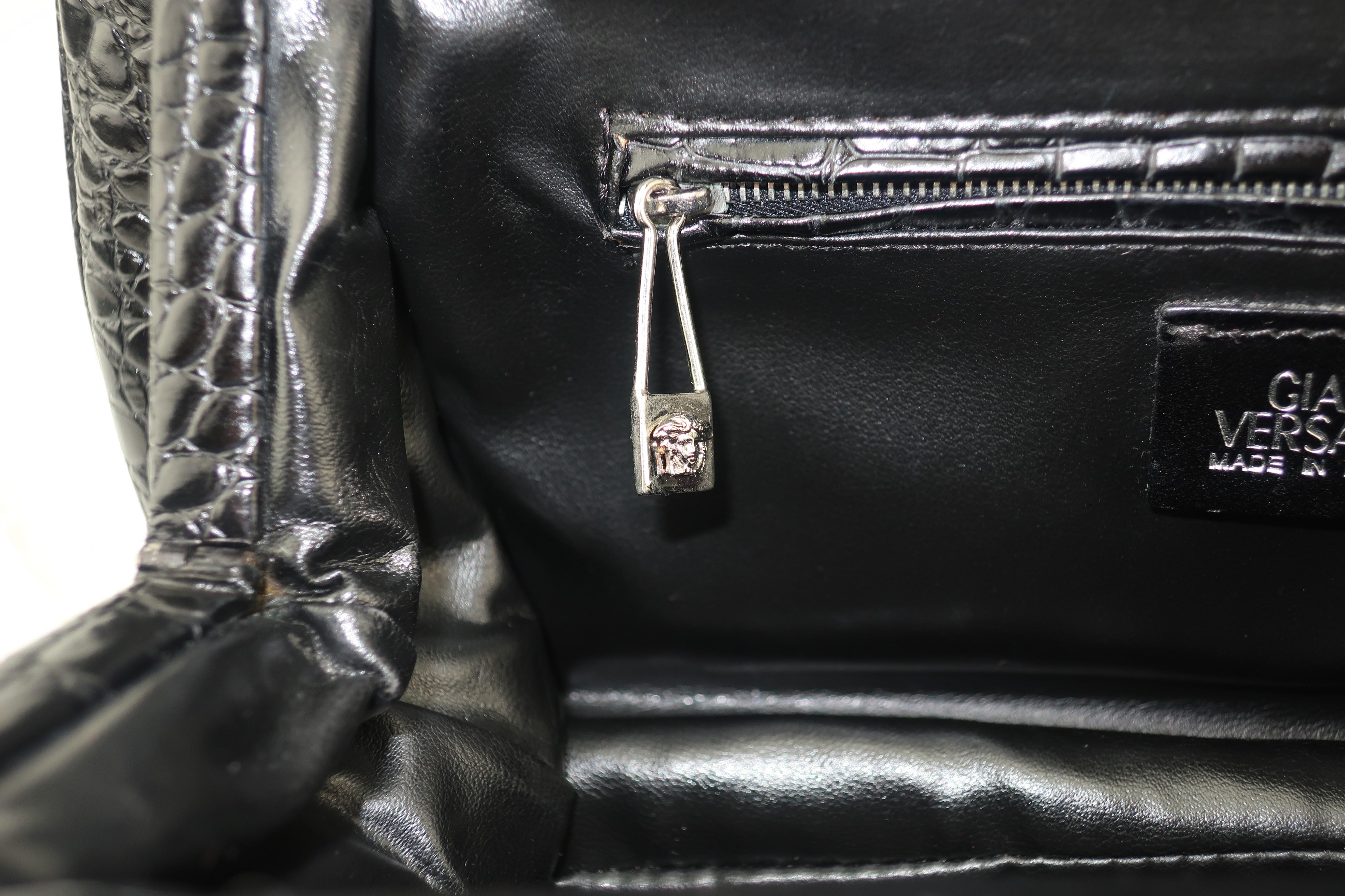 Vintage Versace Black Croc Embossed Leather Handbag With Unique Handles 4