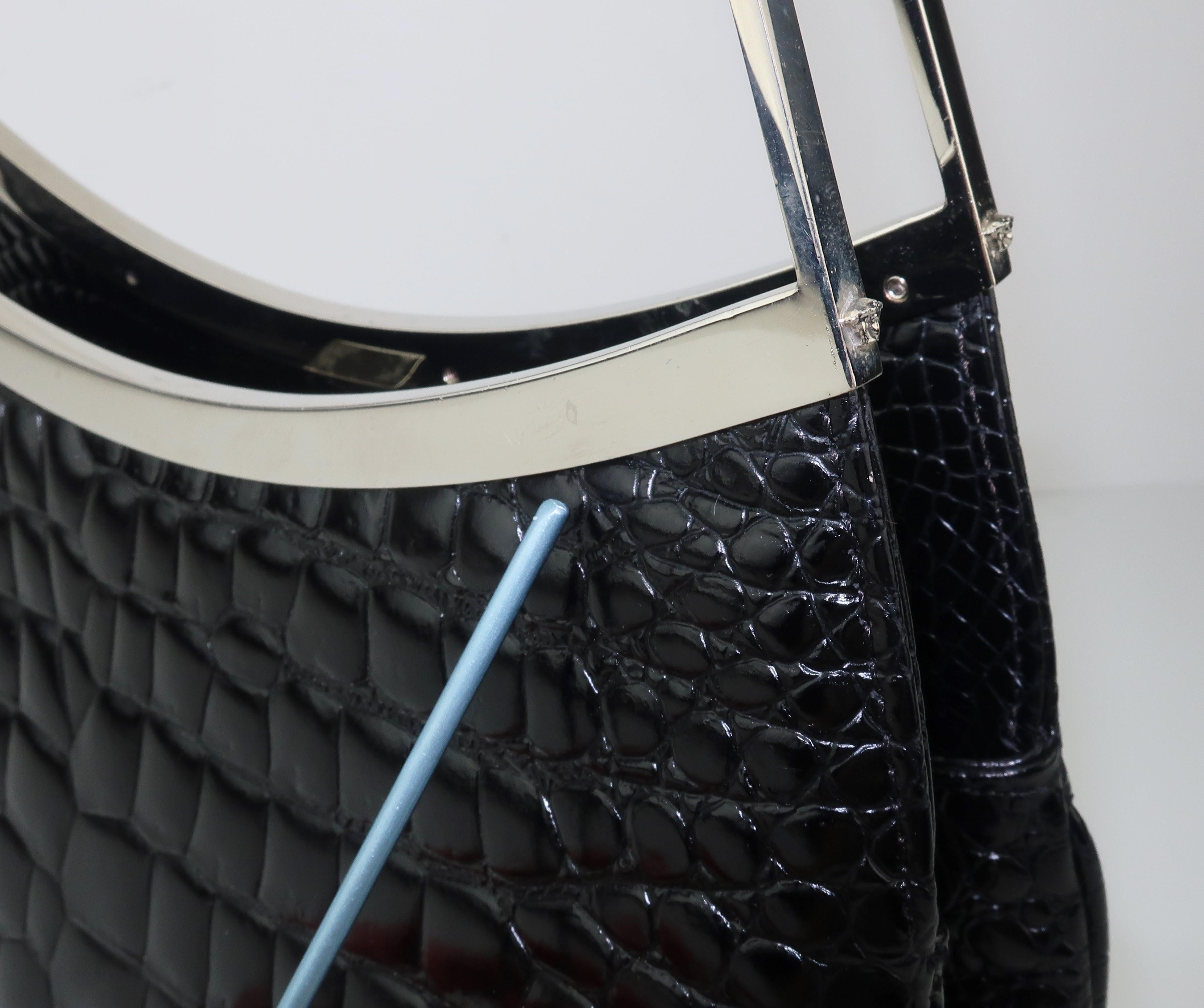 Vintage Versace Black Croc Embossed Leather Handbag With Unique Handles 6