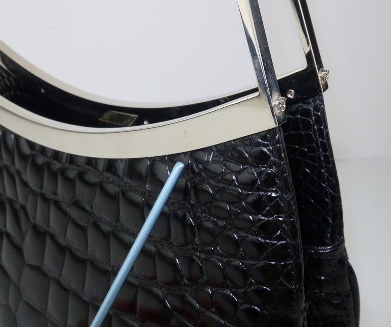 Vintage Versace Black Croc Embossed Leather Handbag With Unique Handles For Sale at 1stdibs