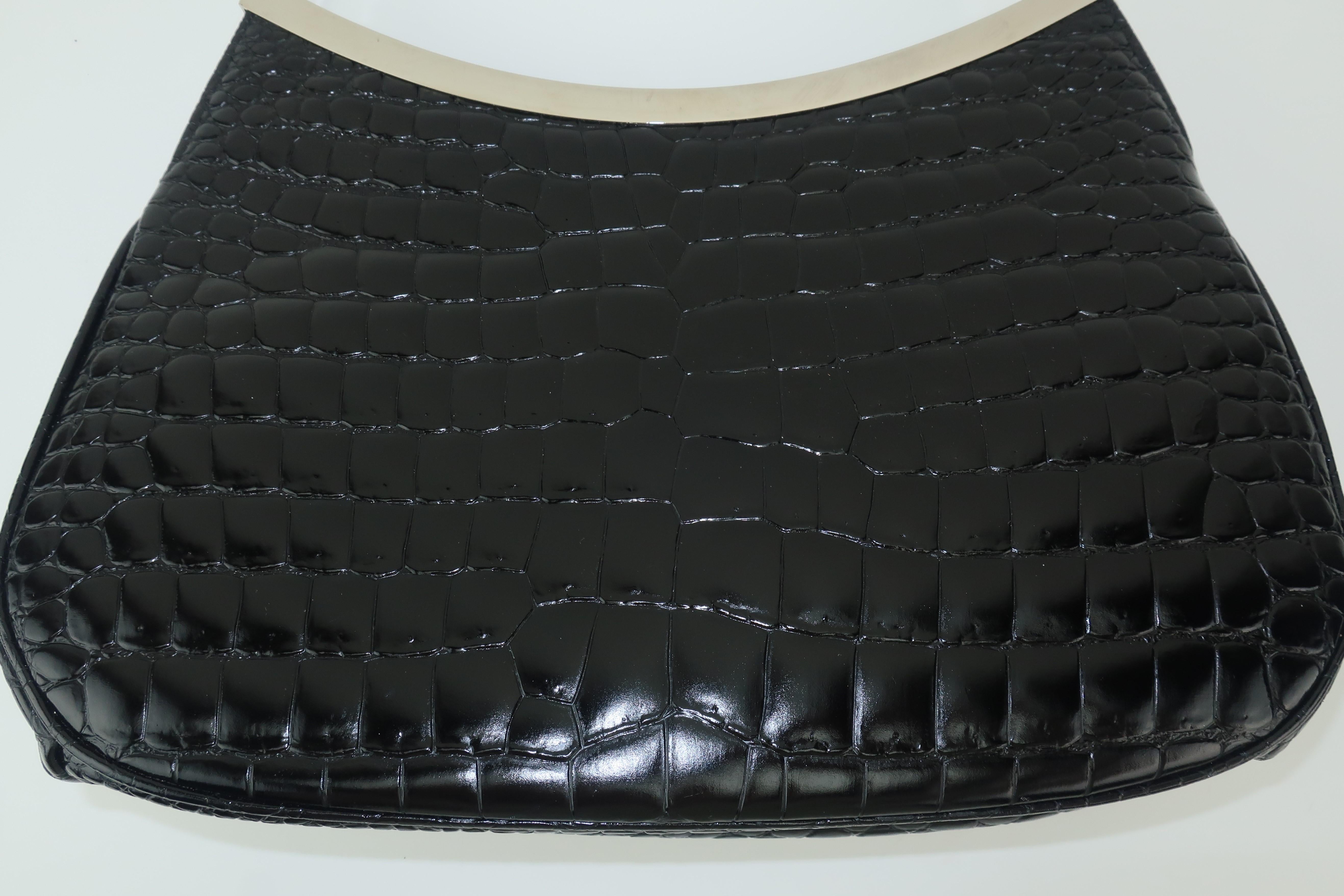 Vintage Versace Black Croc Embossed Leather Handbag With Unique Handles In Good Condition In Atlanta, GA