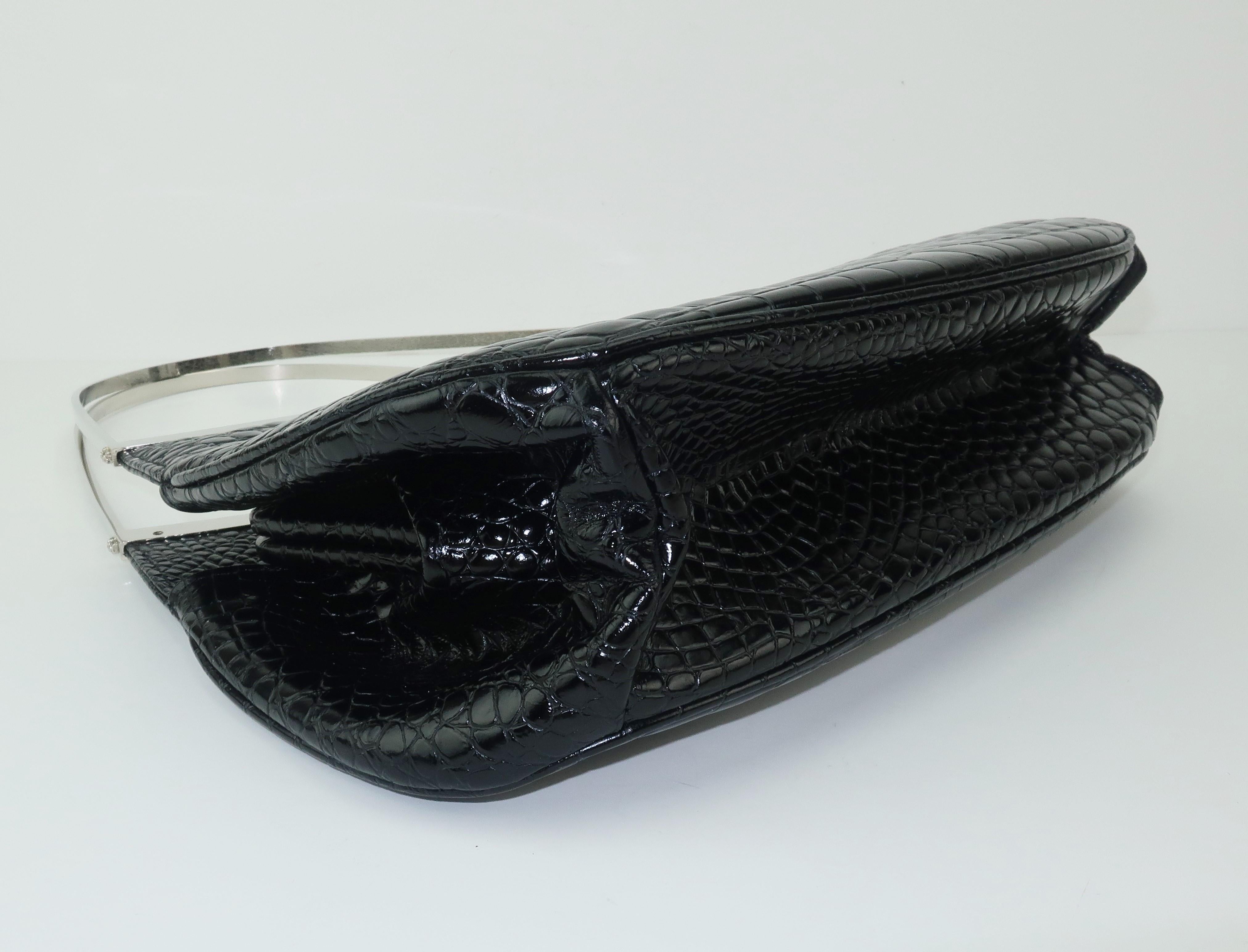Women's Vintage Versace Black Croc Embossed Leather Handbag With Unique Handles