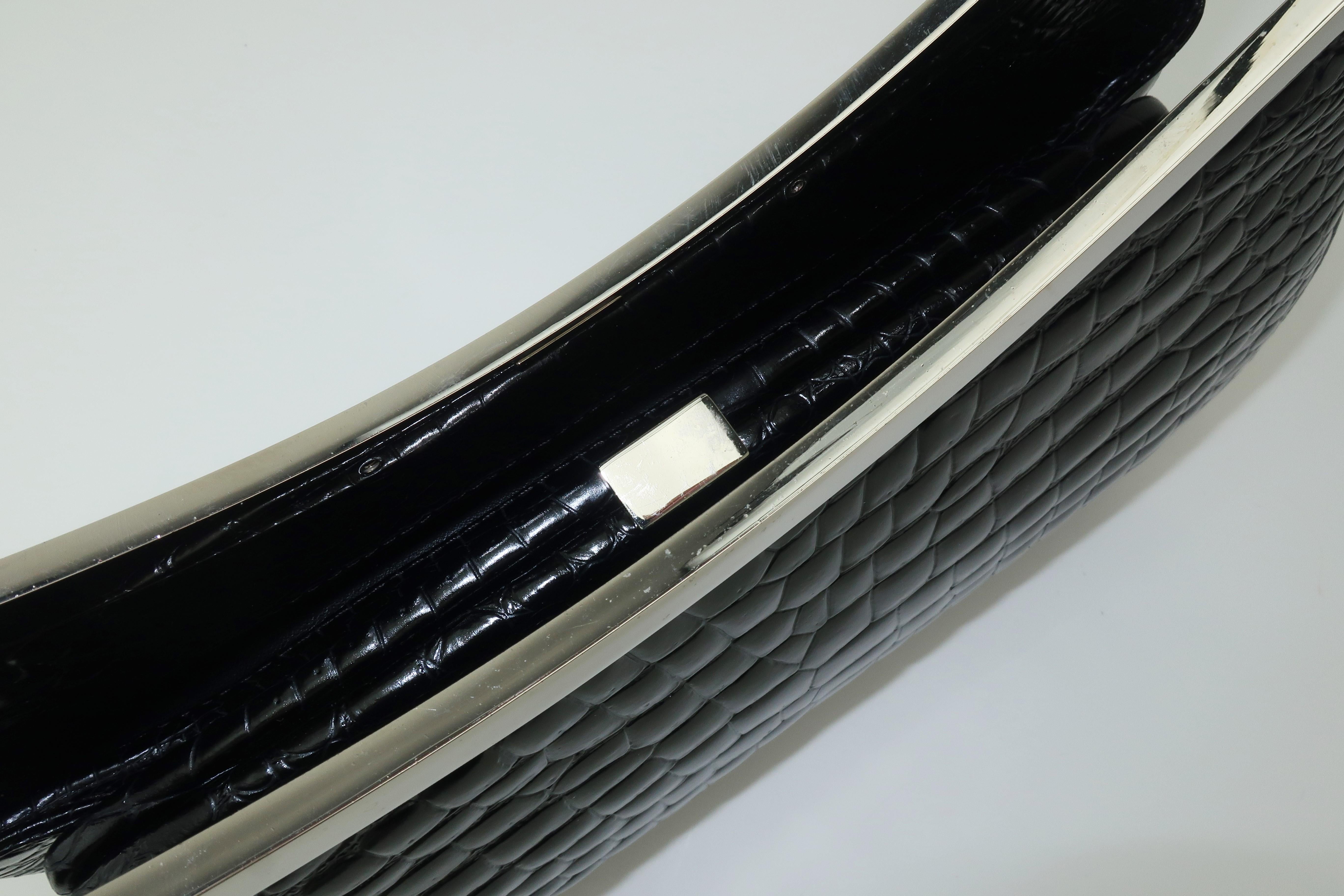 Vintage Versace Black Croc Embossed Leather Handbag With Unique Handles 1