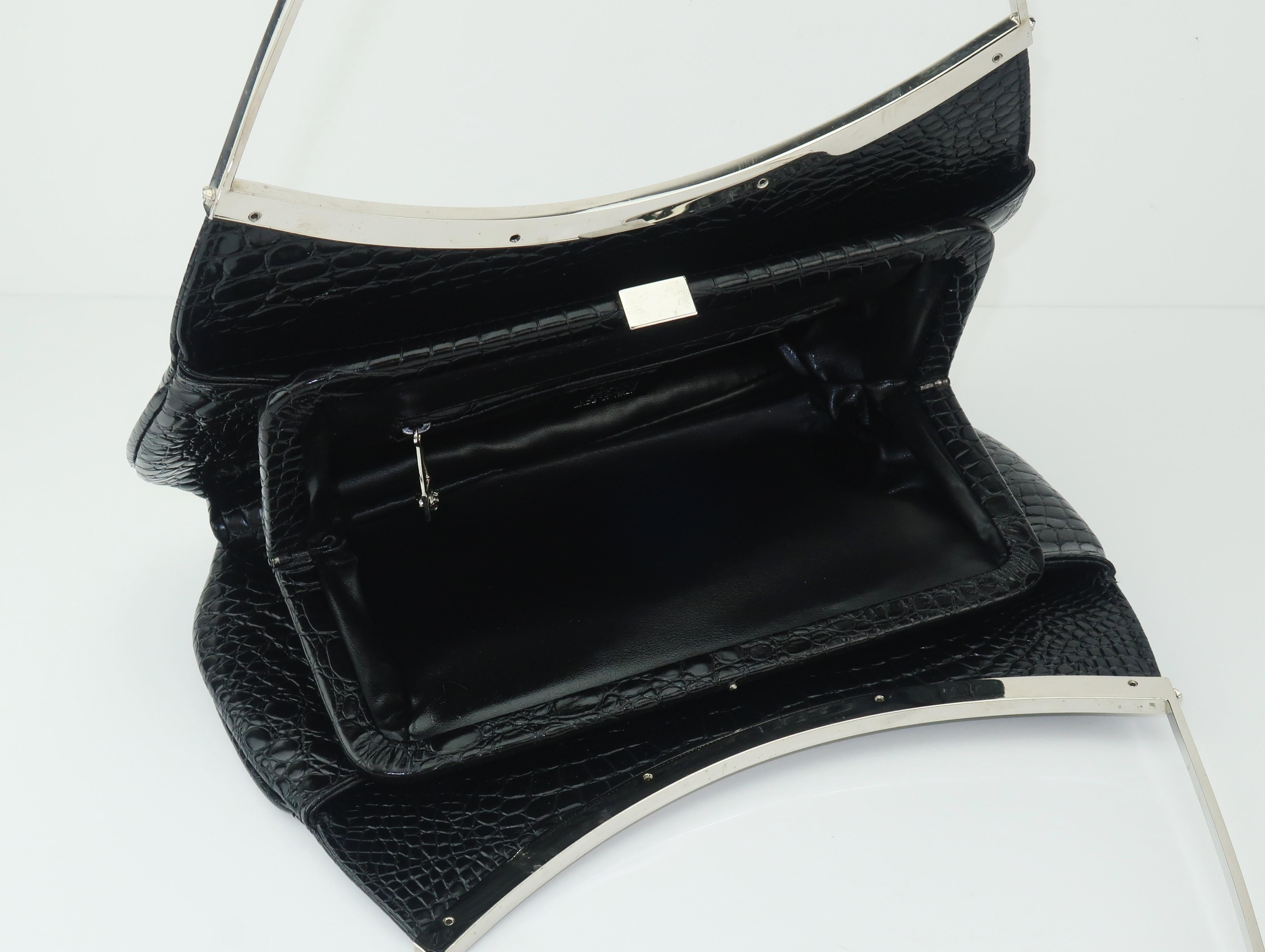 Vintage Versace Black Croc Embossed Leather Handbag With Unique Handles 2