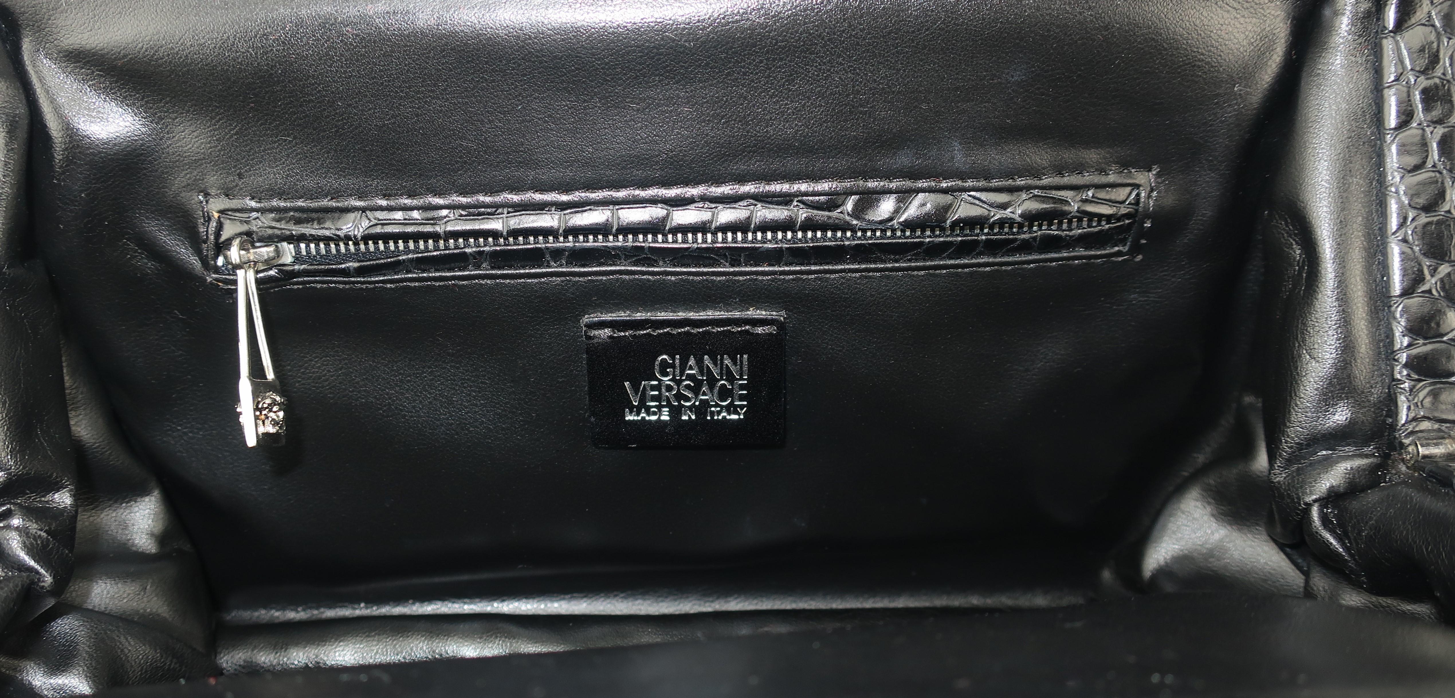 Vintage Versace Black Croc Embossed Leather Handbag With Unique Handles 3