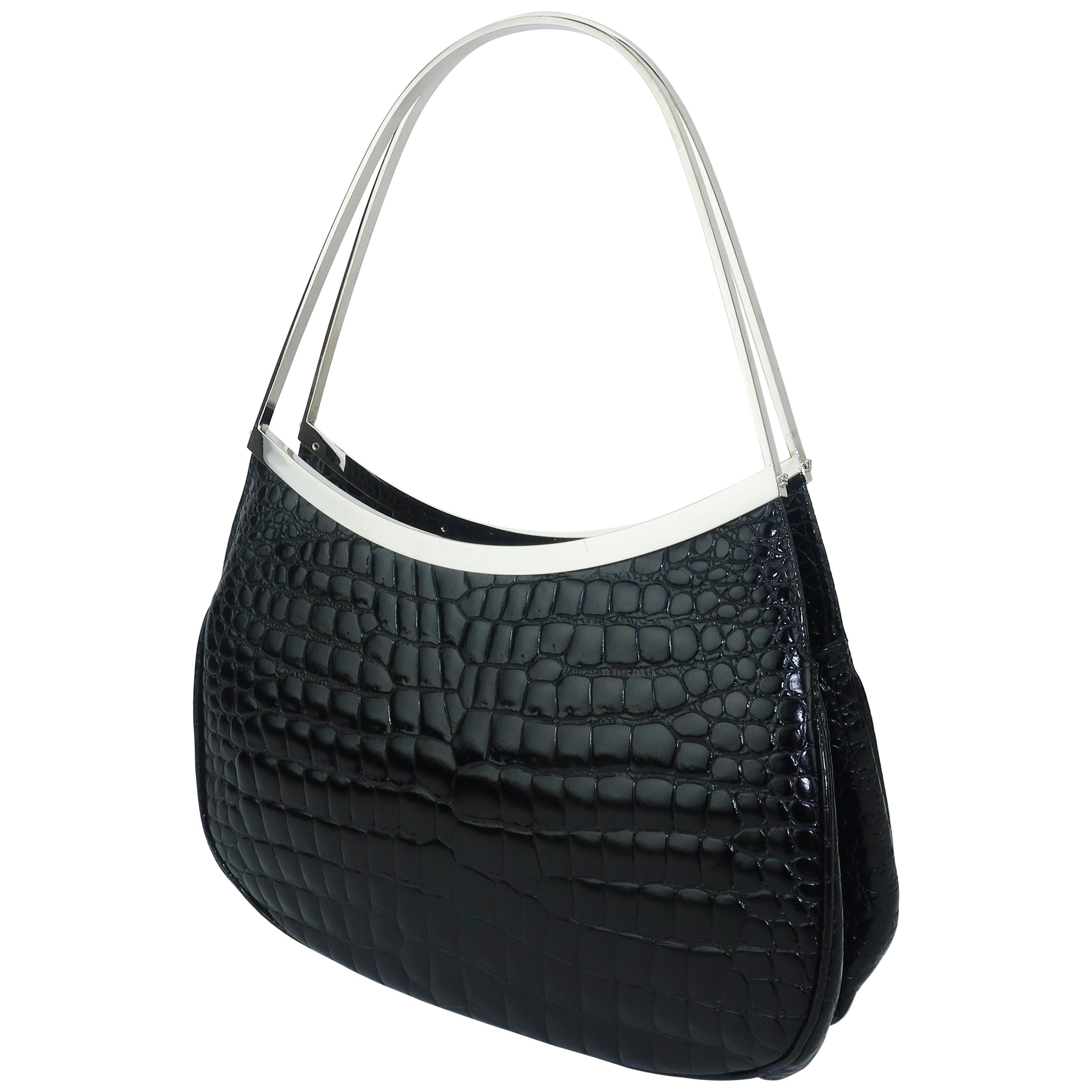 Vintage Versace Black Croc Embossed Leather Handbag With Unique Handles