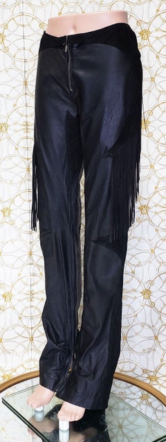 VINTAGE VERSACE BLACK LEATHER WESTERN PANTS w/FRINGE 2003 size 42 - 8
